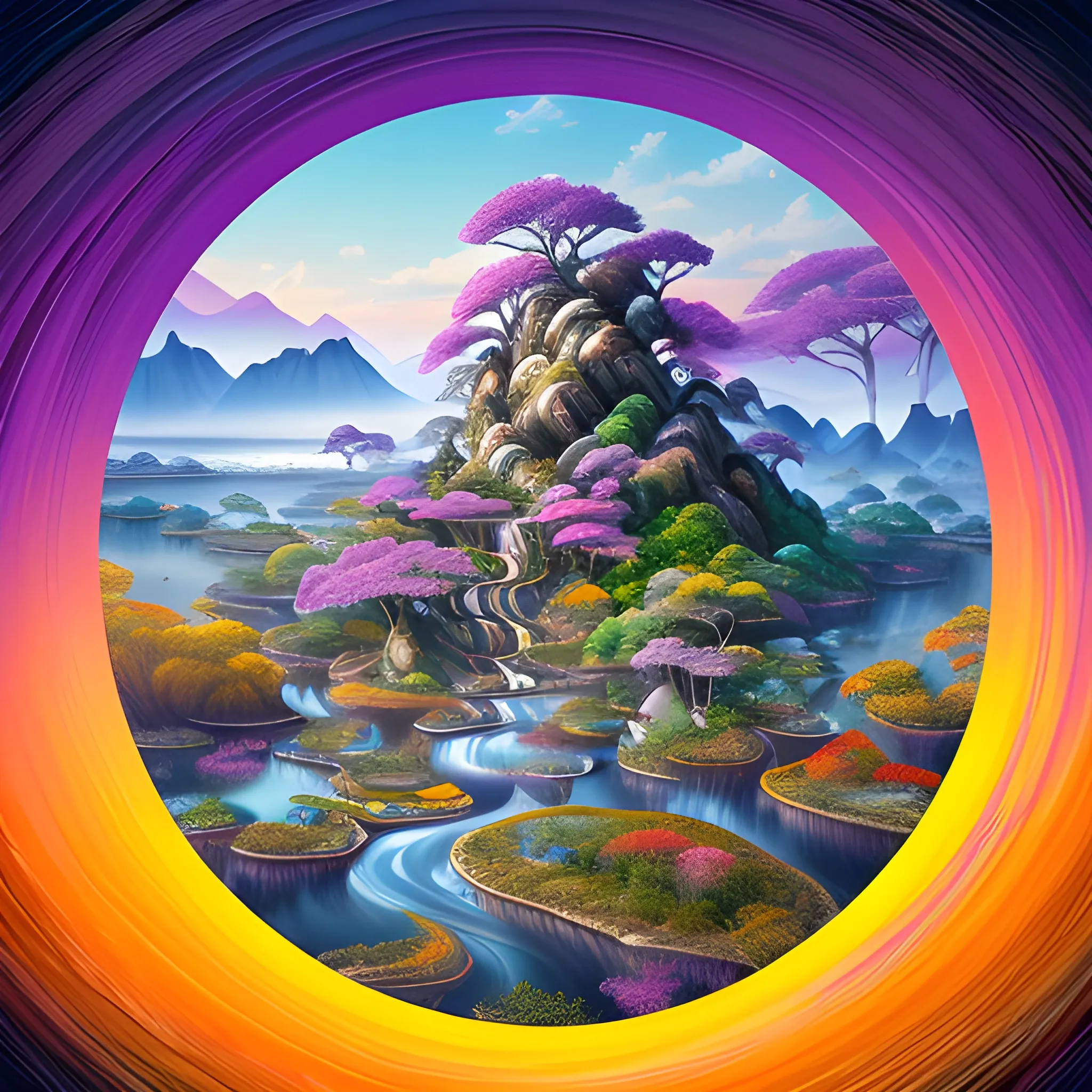 (by Ananta Mandal (and Andrew Biraj:0.5)), (in the style of nihonga), Style: Abstract, Medium: Digital illustration, Subject: A Guanshiyin Pusa in the middle of picture, An otherworldly landscape with floating islands, cascading waterfalls, and vibrant flora and fauna. Camera Angle: Overhead shot capturing the vastness and intricate details of the scene. The colors are saturated, and the lighting creates a warm and ethereal atmosphere. The painting is highly detailed, with every brushstroke capturing the complexity of the imaginary world., (high quality), (detailed), (masterpiece), (best quality), (highres), (extremely detailed), (8k), seed:792315689, 3D