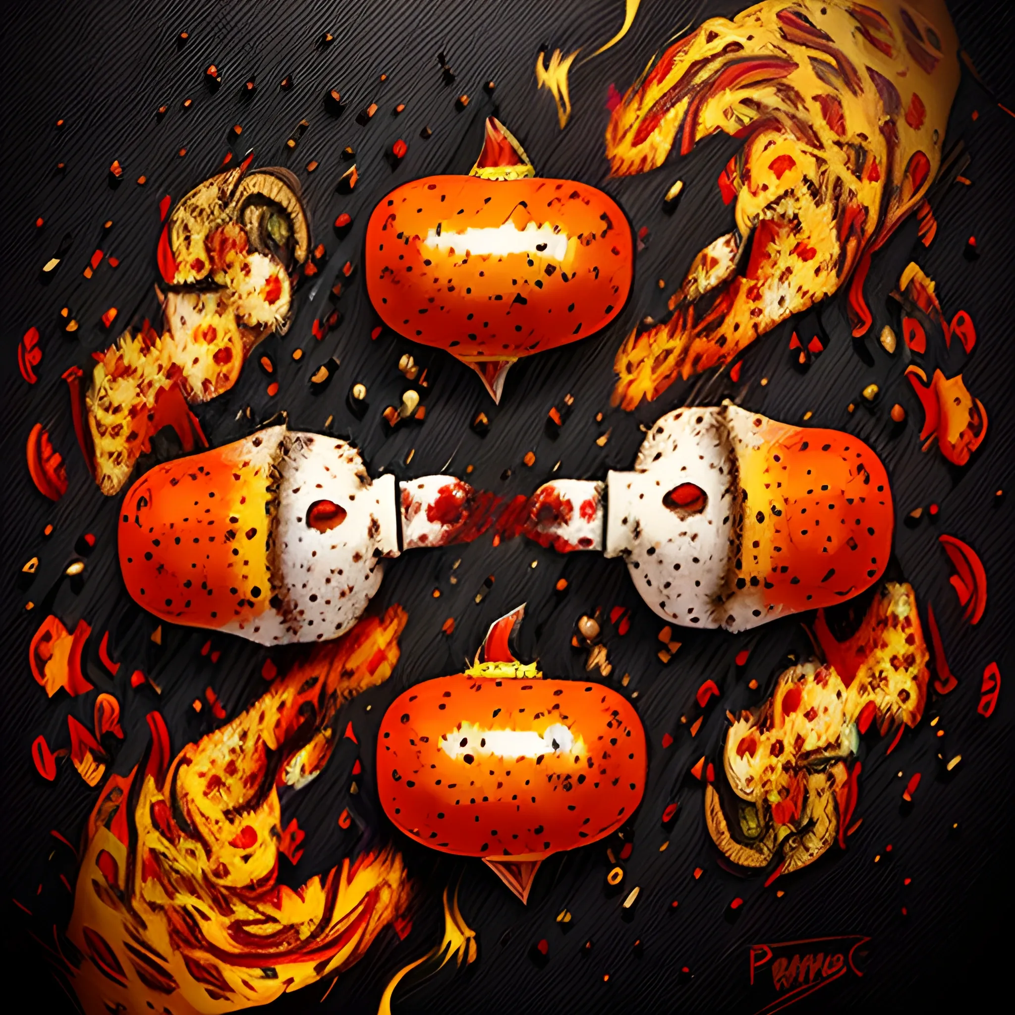 smoked pepper fights with burned food, cartoon art, epic style, high resolution, awesome quality, quality art, paining


