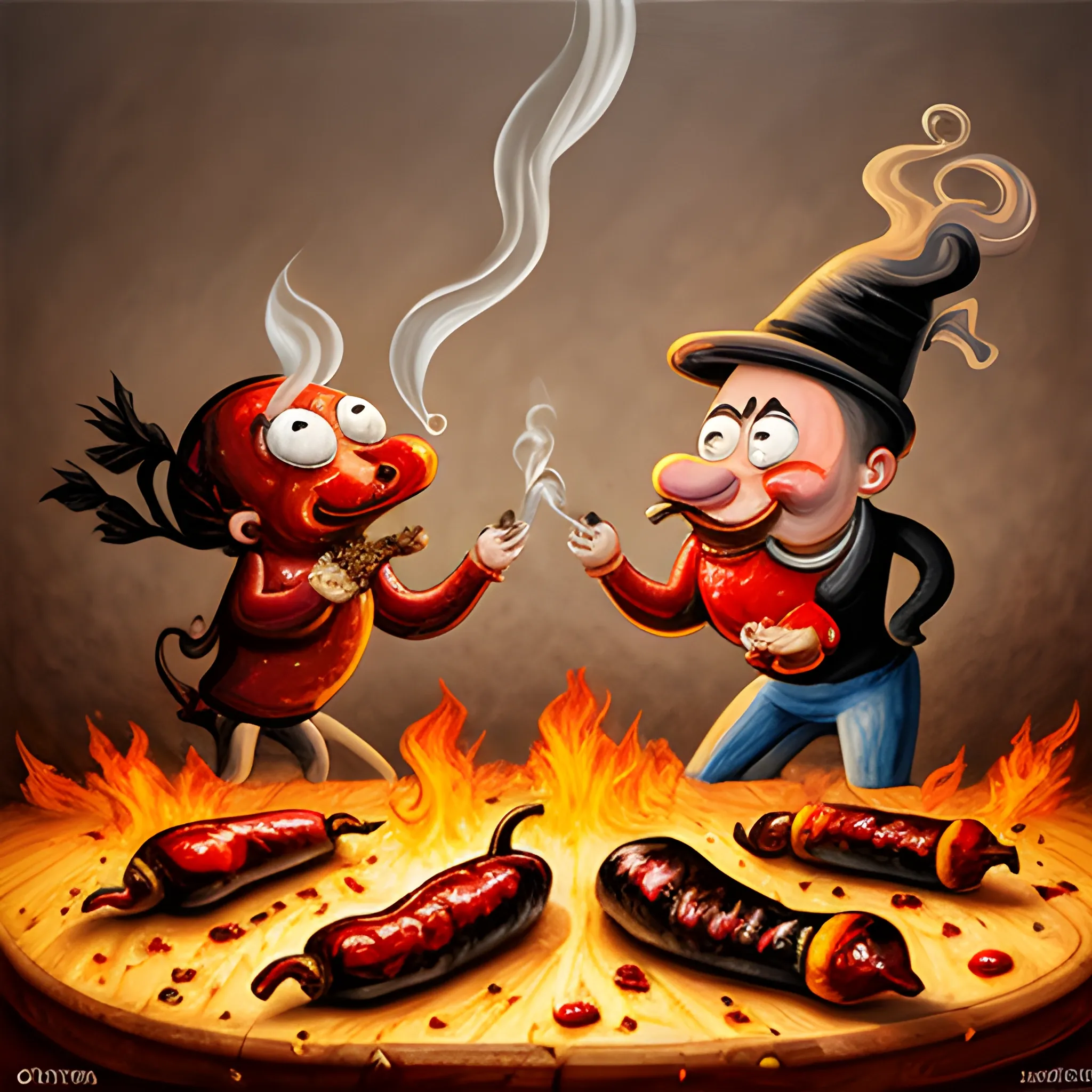 smoked pepper fights with burned food, cartoon art, epic style, high resolution, awesome quality, quality art, 

, Oil Painting