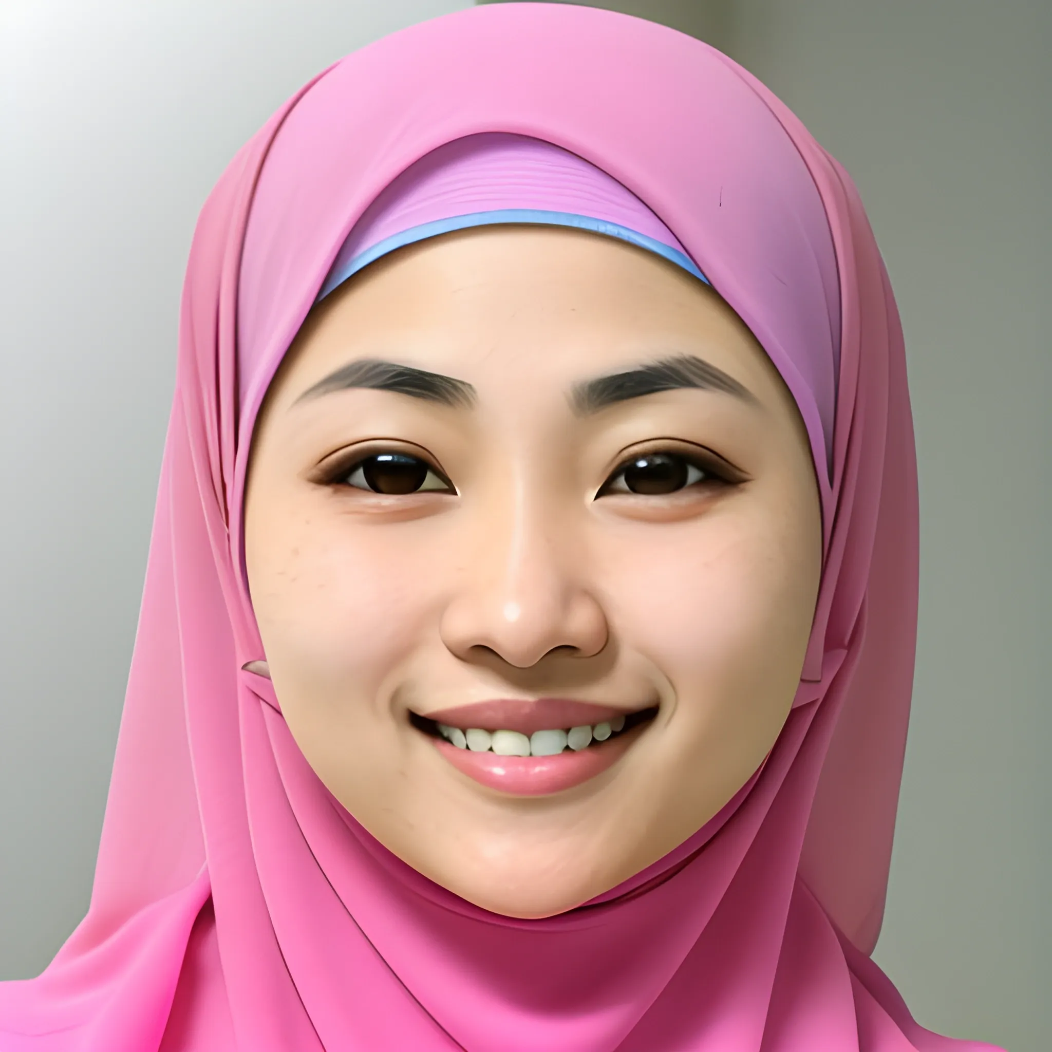 Close up of muslim named kiyoko Aisyah, smile, wearing pink hijab