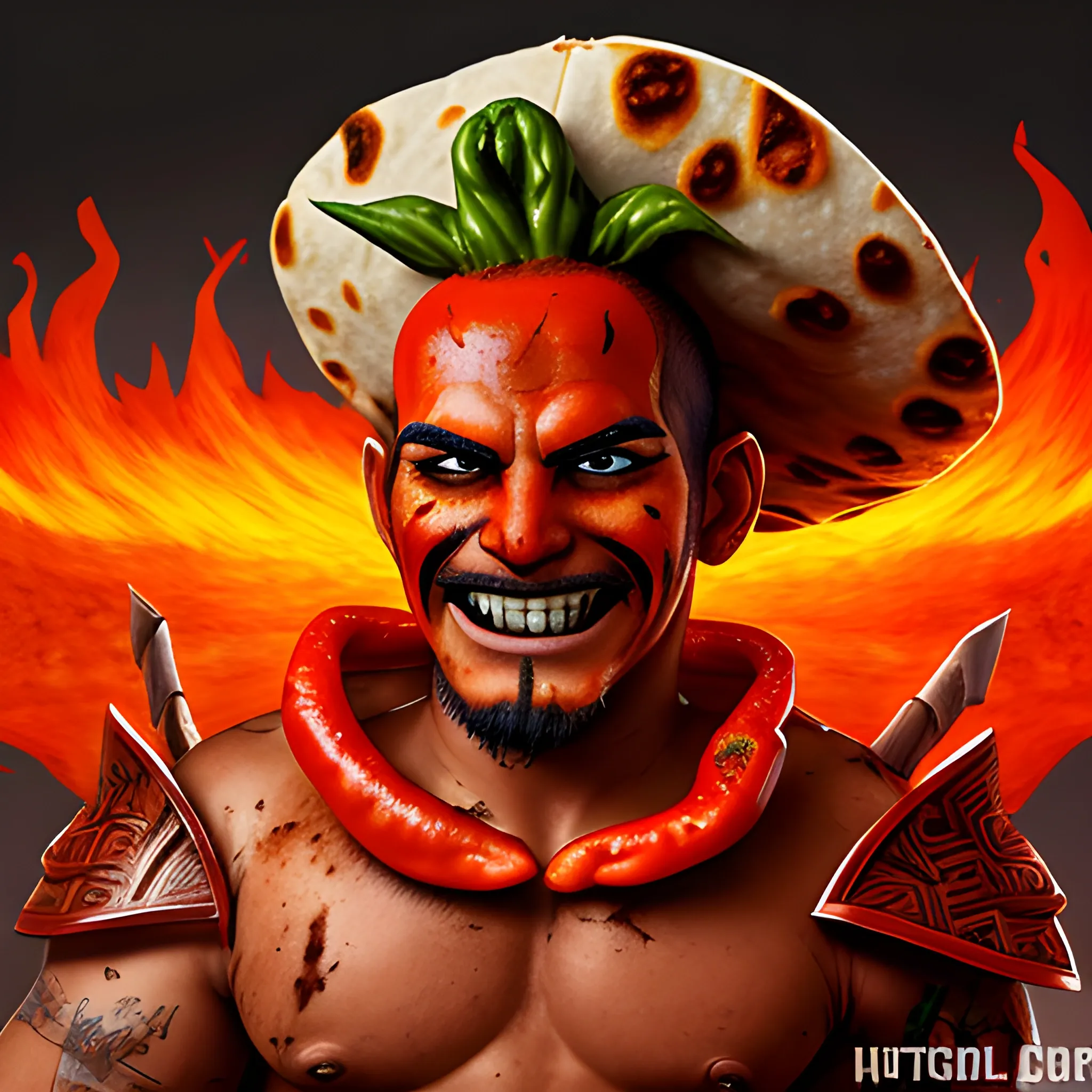a warrior that looks like red pepper fights a giant burned Mexican burrito with ominous smile, cartoon art, epic style, high resolution, awesome quality, quality art, smoked pepper, epic art, 

