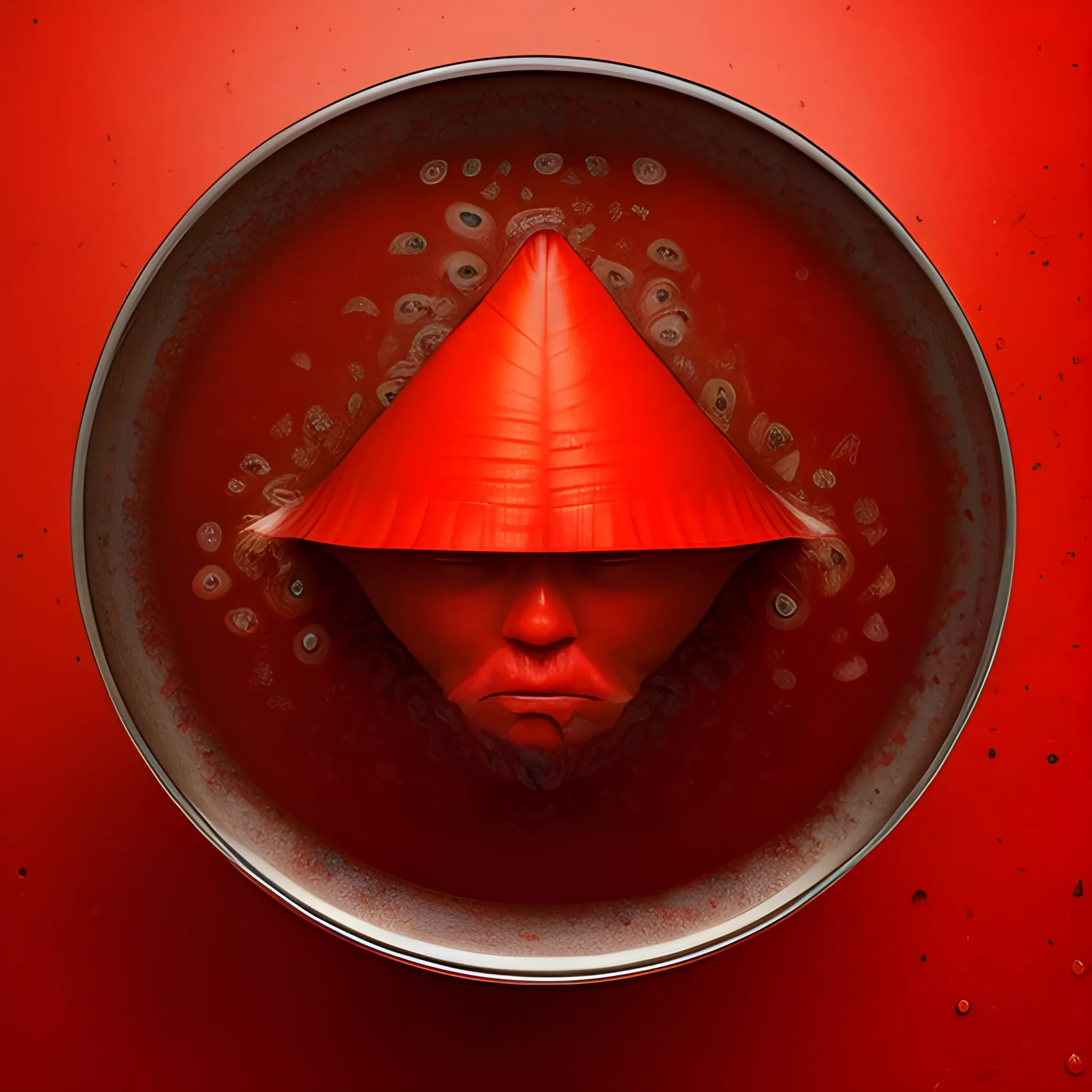 humanized red paper falls in the Mexican red boiling soup, view from above on the same level as second pepper that watches as first pepper falls. Both are sad, Both have faces. Digital art, great quality, UHD, top artist, famous artist work
