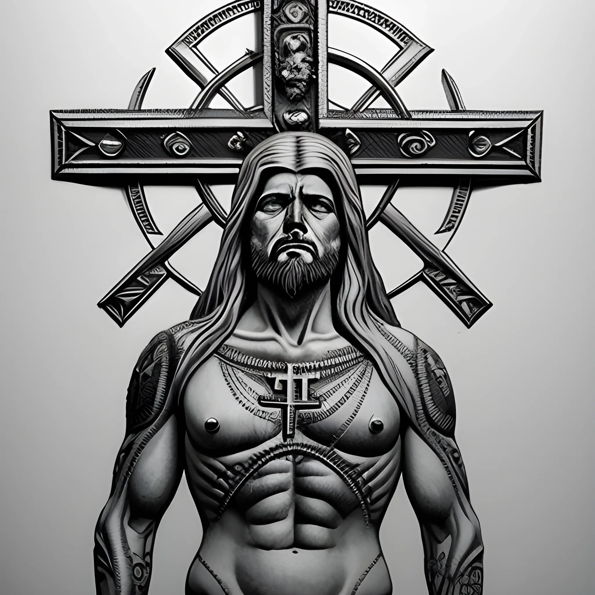 imagen en alta definición de Jesús en la cruz con tatuajes, de fondo vitrales y esculturas góticas al estilo h.r. giger, Pencil Sketch, 3D, , Cartoon para un portes de evento