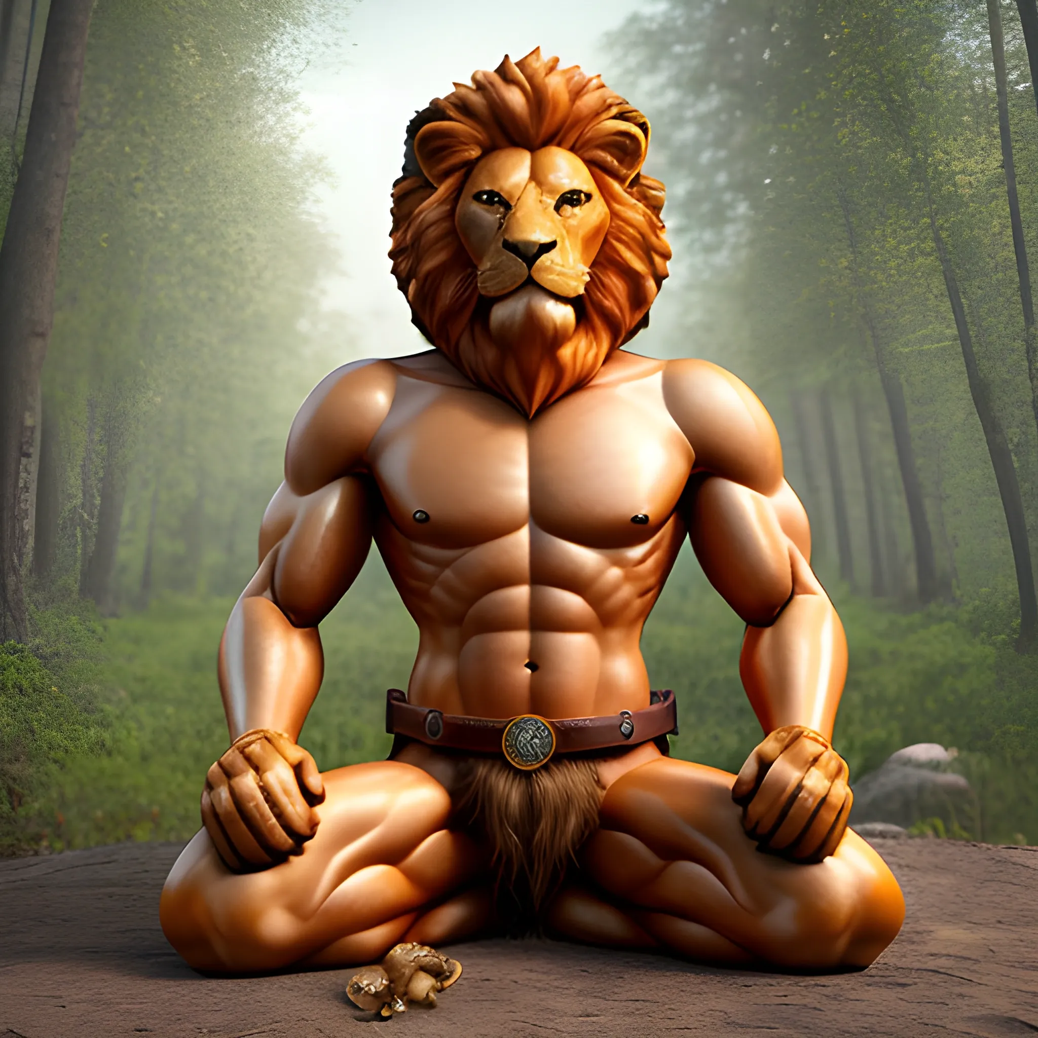 A full body fixed in the frame image of a lion-headed  muscled peaceful creature wearing a fancy leather belt, having a human-like body and lion claws on his hands and feet, keep the image realistic, the lion's face has a loving gaze, the background should be a forest., 3D, orange and hairy skinned