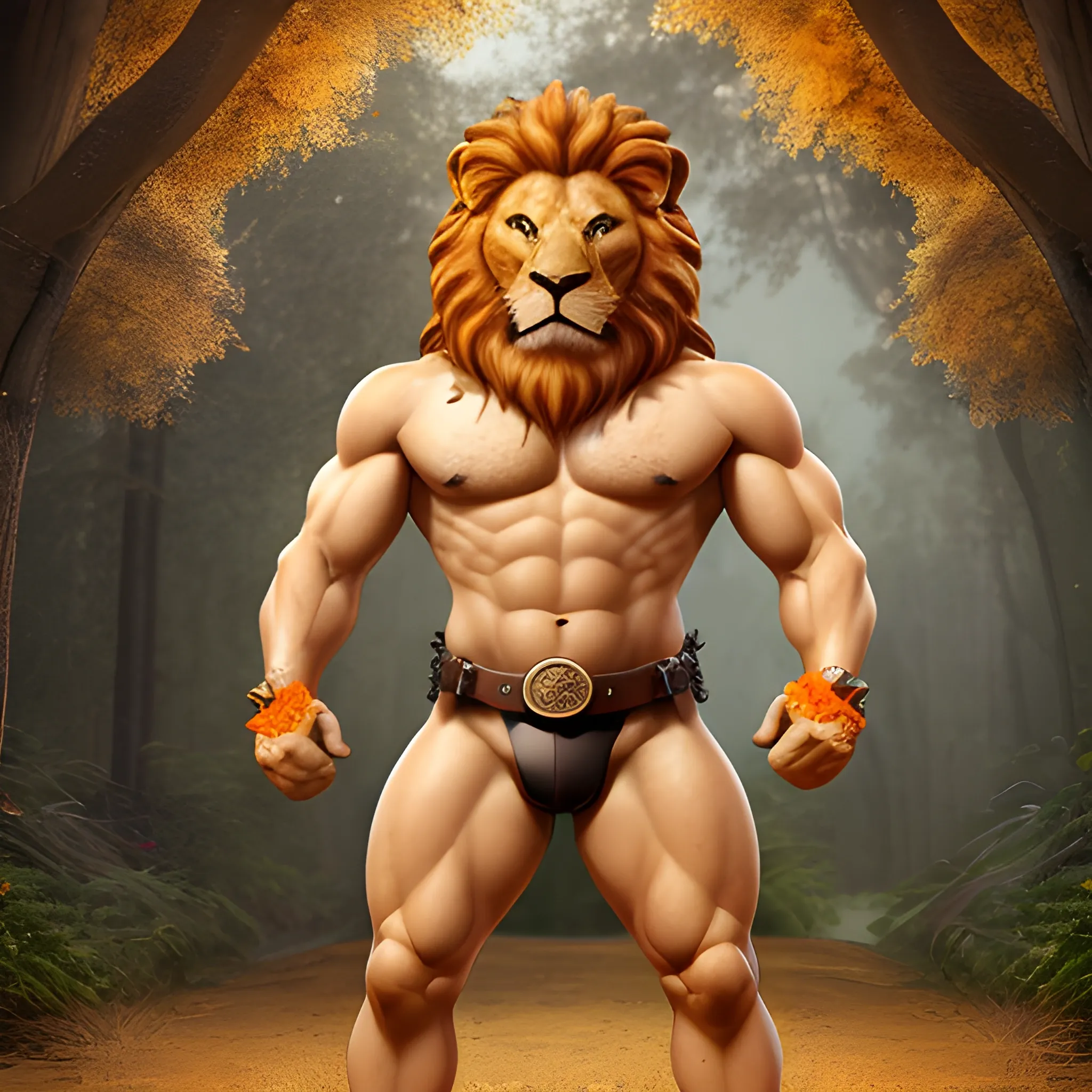 A full body fixed in the frame image of a lion-headed  muscled peaceful creature wearing a fancy leather belt, having a human-like body and lion claws on his hands and feet, keep the image realistic, the lion's face has a loving gaze, the background should be a forest., orange and hairy skinned, Cartoon