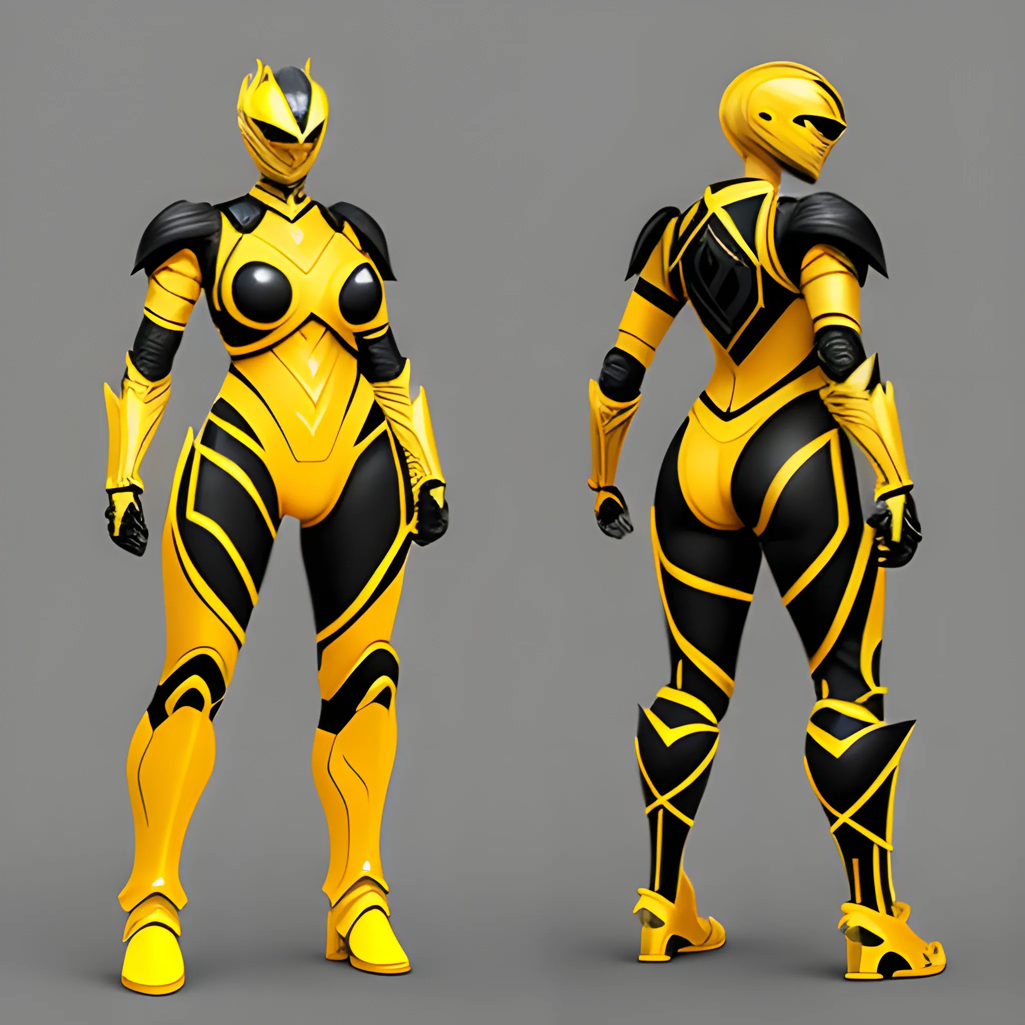 Female, Yellow with black trimming, power ranger, heavy armor, full body, Pencil Sketch, 3D