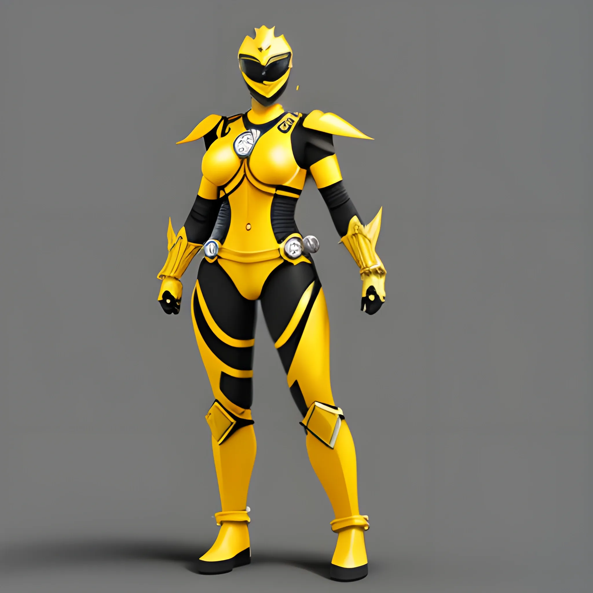 Female, Yellow with black trimming, power ranger, heavy armor, full body, Pencil Sketch, 3D