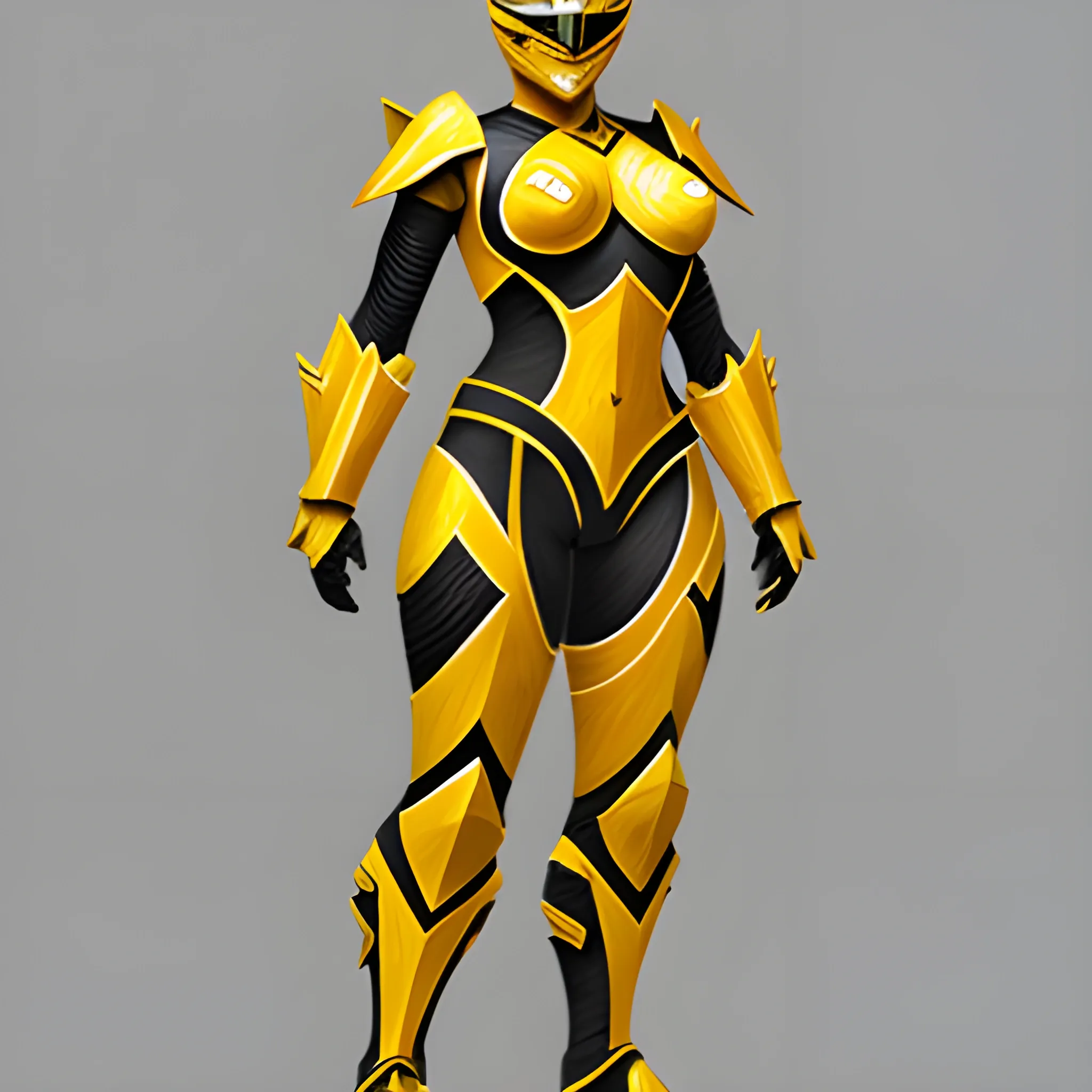 Female, Yellow with black trimming, power ranger, heavy armor, full body, Pencil Sketch, 3D, Oil Painting