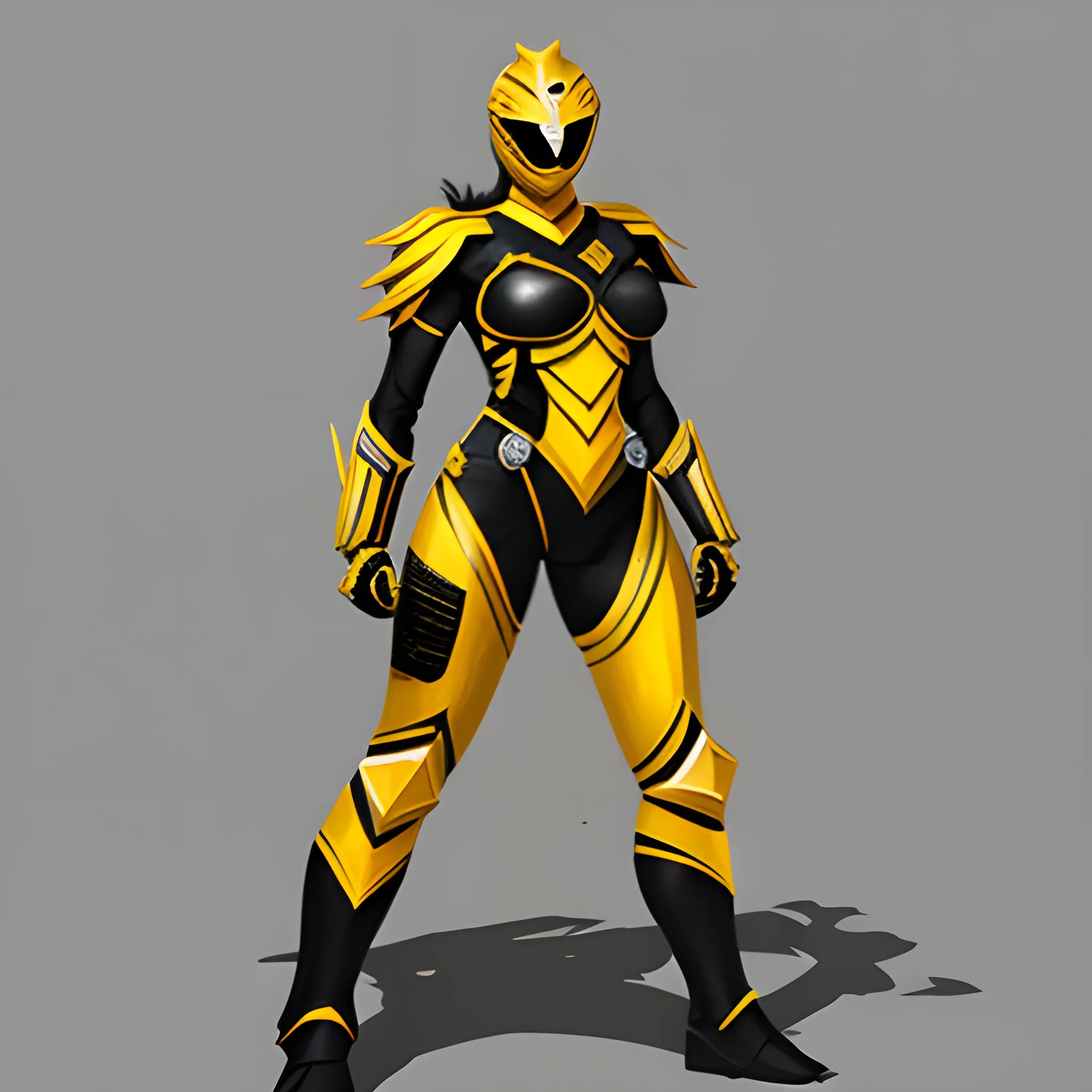 Female, Yellow with black trimming, power ranger, heavy armor, full body, Pencil Sketch, 3D, Oil Painting