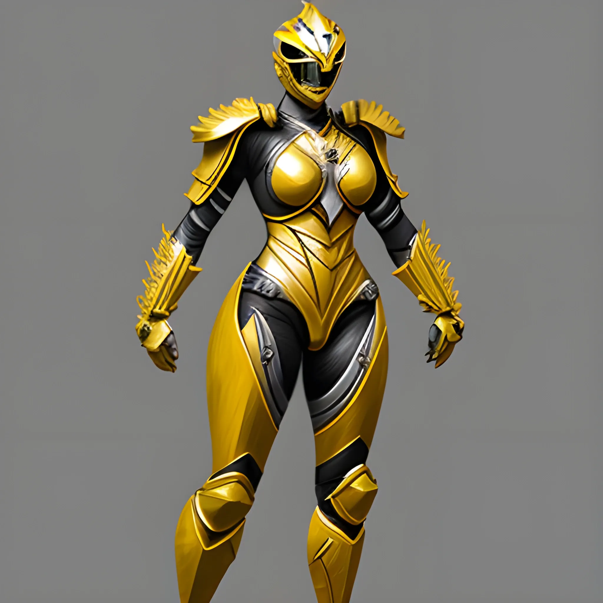 Female, Yellow with silver trimming, power ranger, heavy armor, full body, Pencil Sketch, 3D, Oil Painting