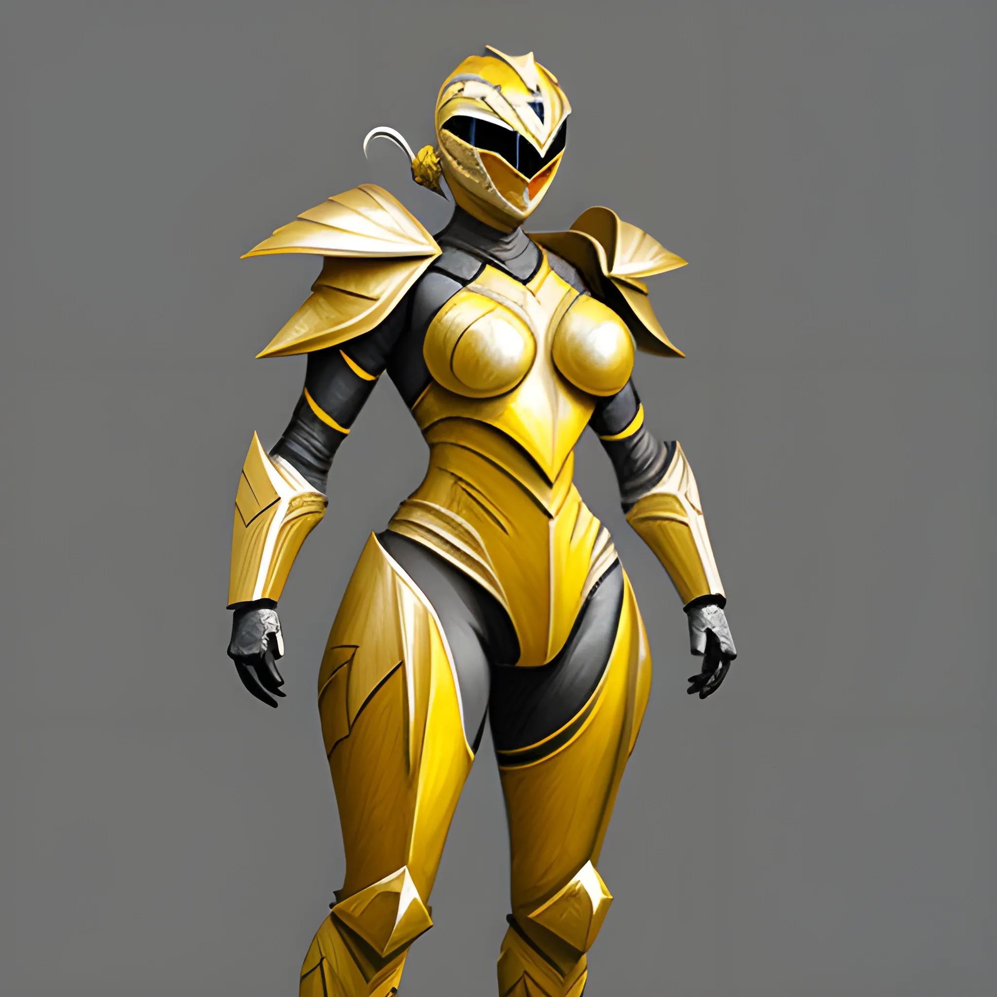 Female, Yellow with silver trimming, power ranger, heavy armor, full body, Pencil Sketch, 3D, Oil Painting