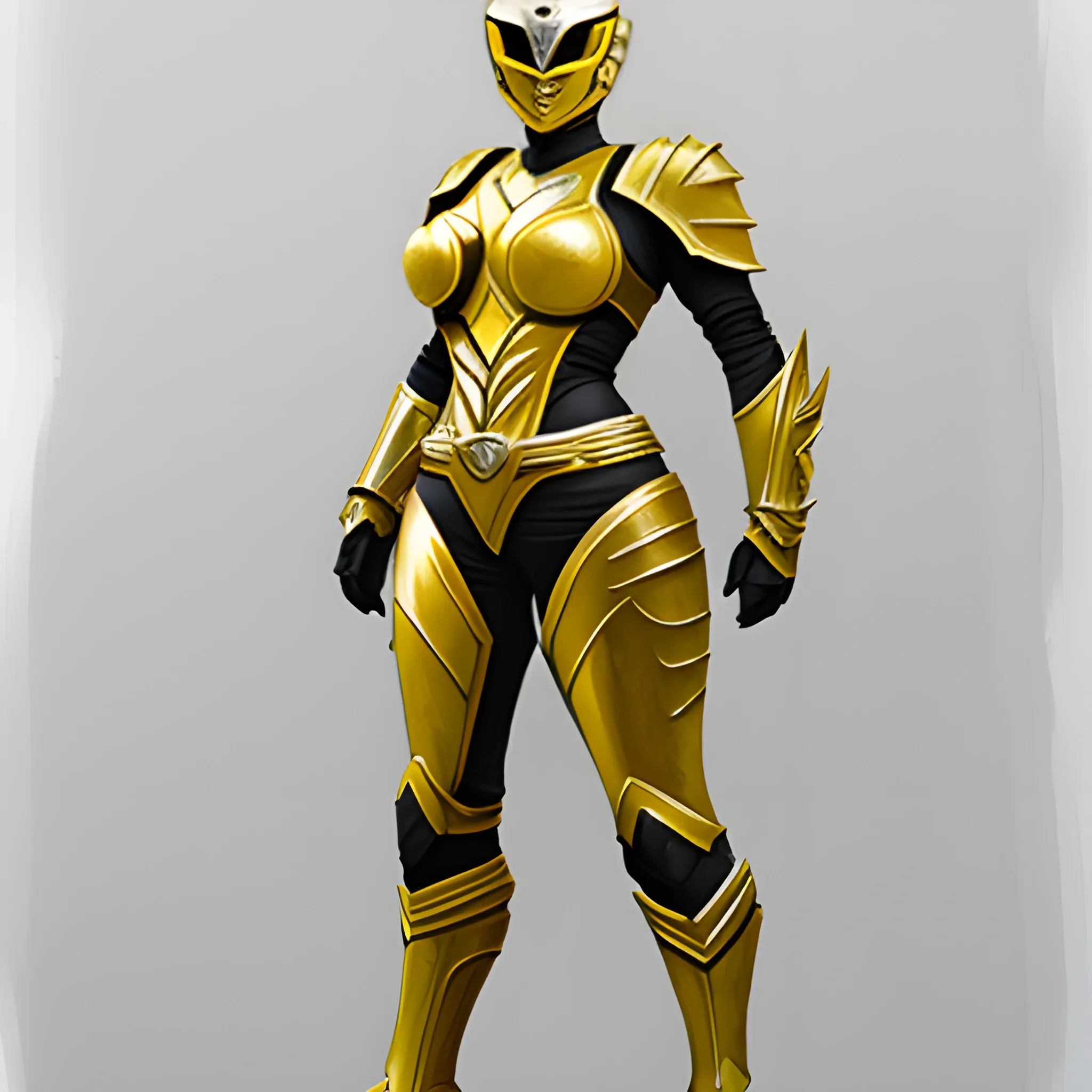 Female, Yellow with silver trimming, power ranger, heavy armor, full body, Pencil Sketch, 3D, Oil Painting