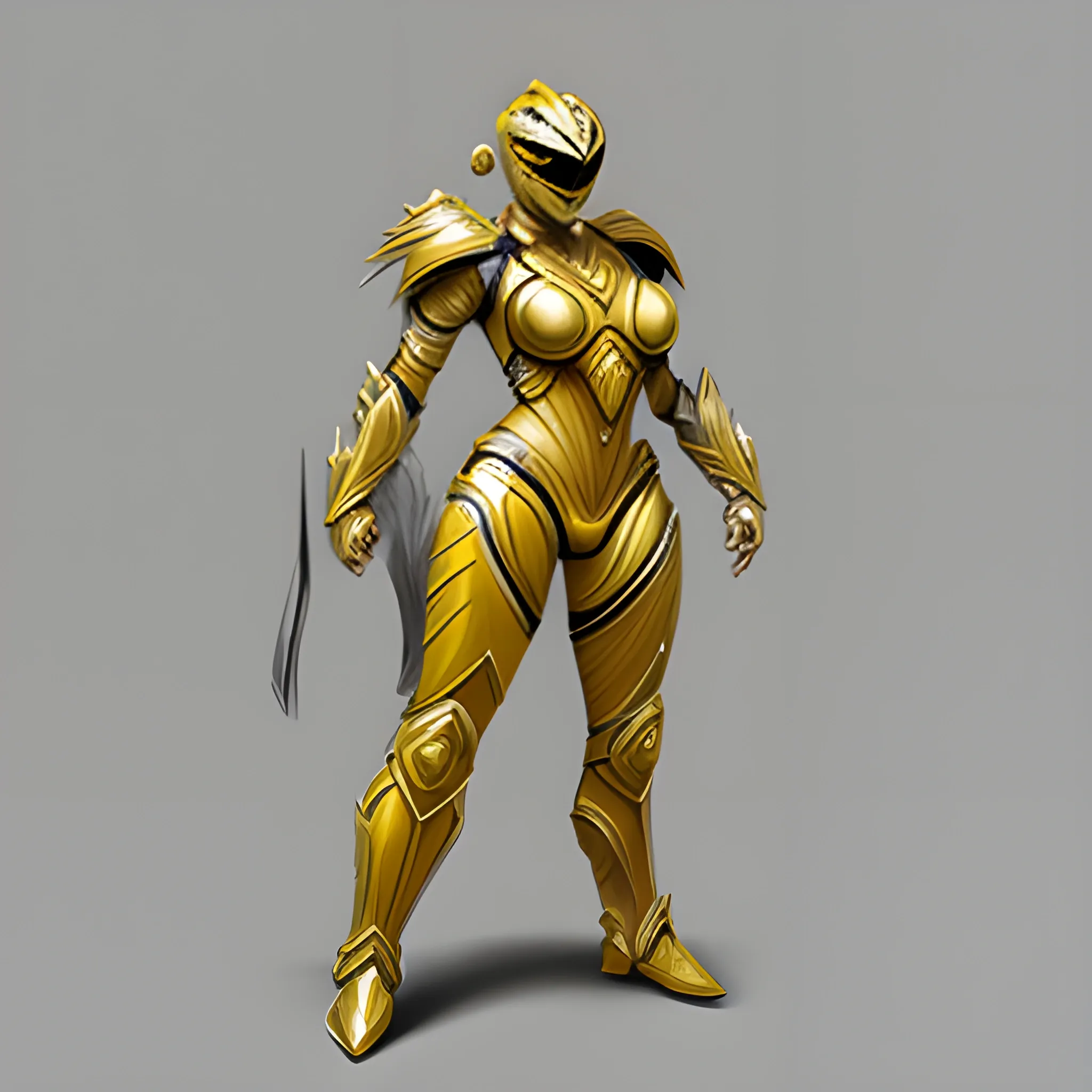 Female, Yellow with silver trimming, power ranger, heavy armor, full body, Pencil Sketch, 3D, Oil Painting