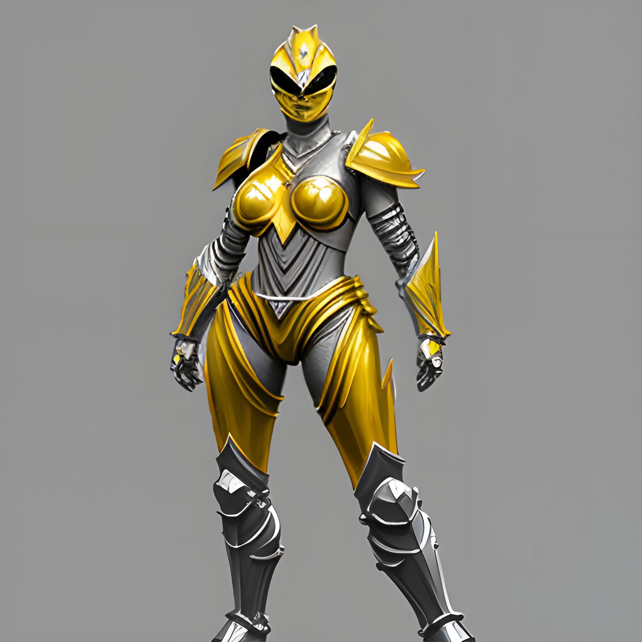 Female, Yellow with silver trimming, power ranger, heavy armor, full body, Pencil Sketch, 3D, Oil Painting