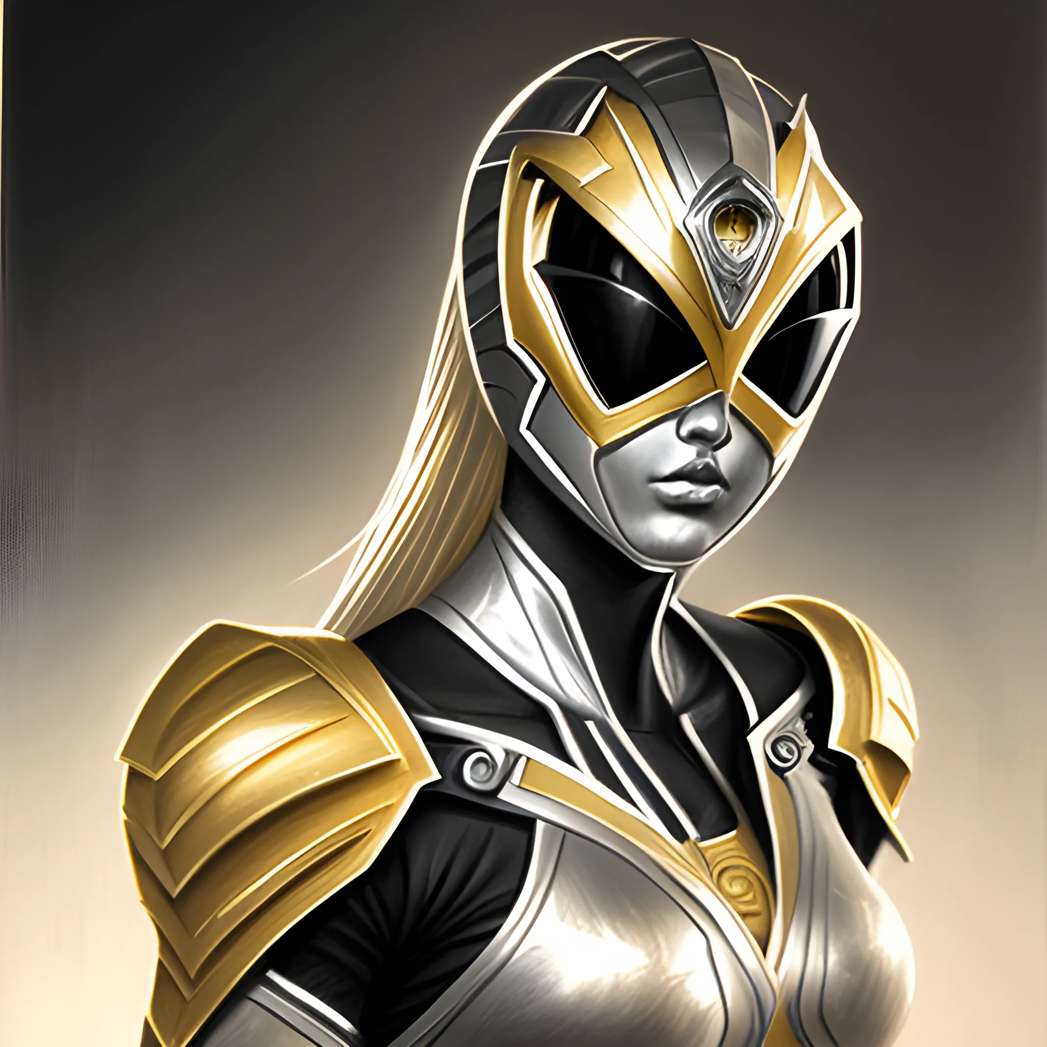 Silver with gold highlights,  female,  power ranger, 3D, Pencil Sketch, Oil Painting