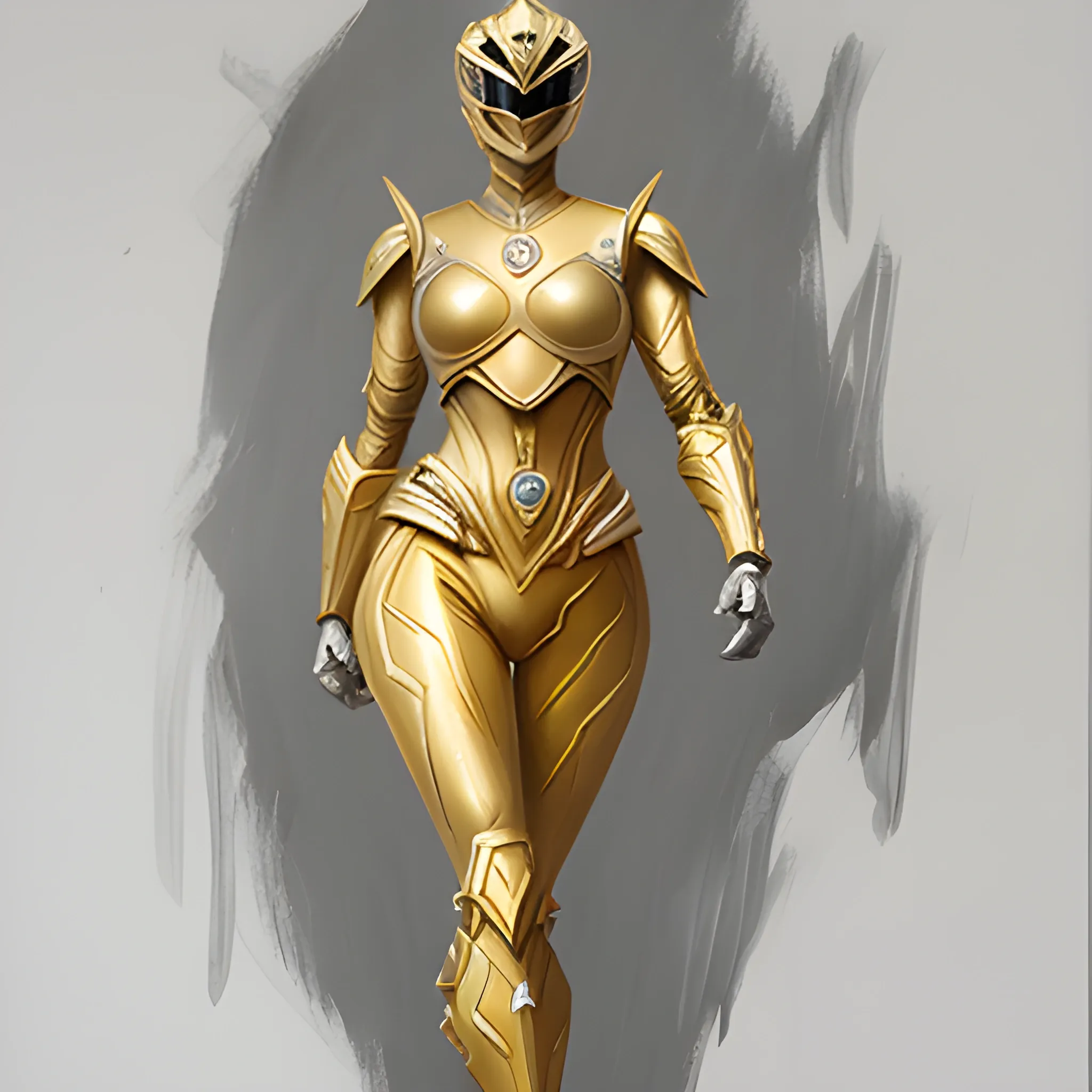 Silver with gold highlights, full body, female,  power ranger, 3D, Pencil Sketch, Oil Painting