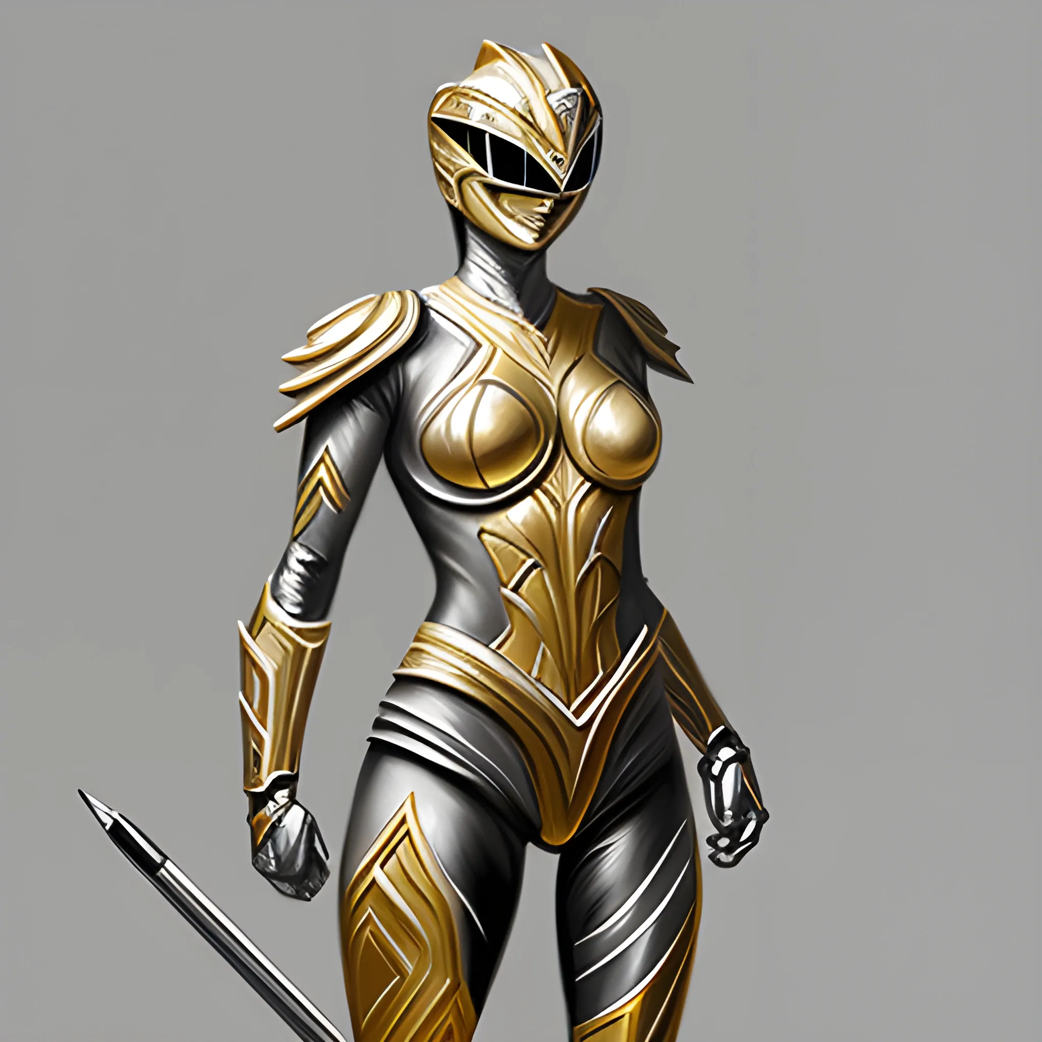 Silver colored with gold highlights, full body, female,  power ranger, 3D, Pencil Sketch, Oil Painting