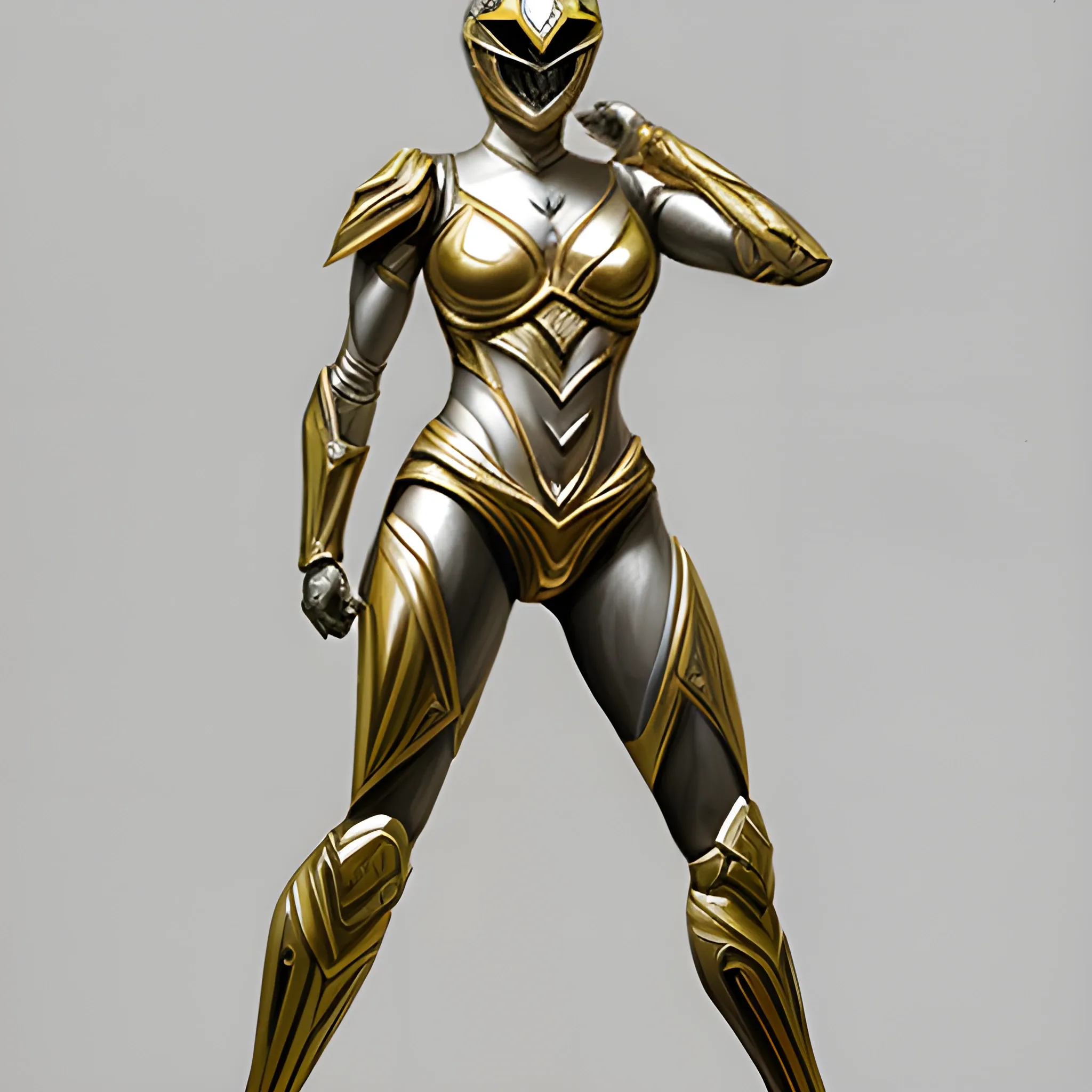 Silver colored with gold highlights, full body, female,  power ranger, 3D, Pencil Sketch, Oil Painting