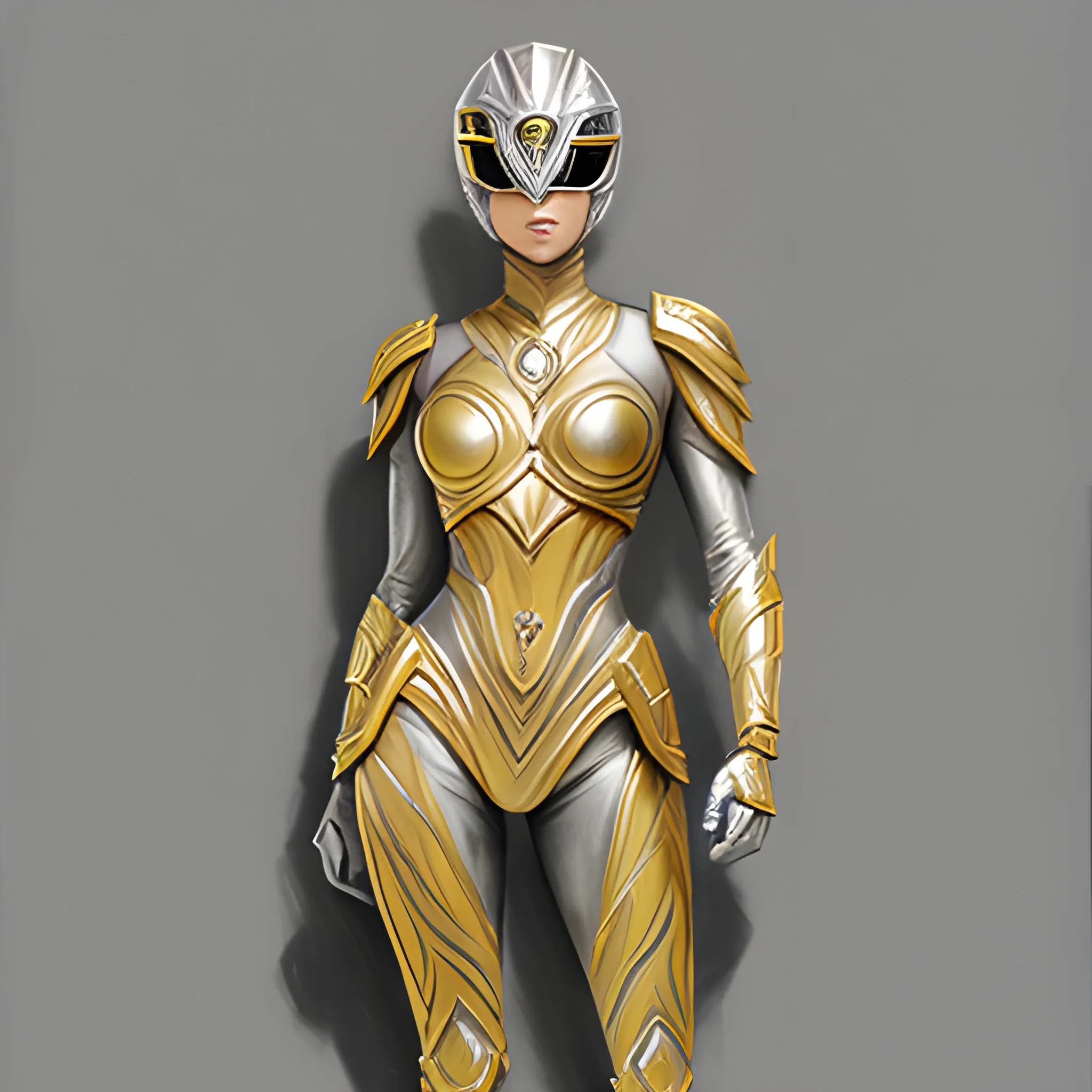 Silver colored with gold highlights, full body, female,  power ranger, 3D, Pencil Sketch, Oil Painting