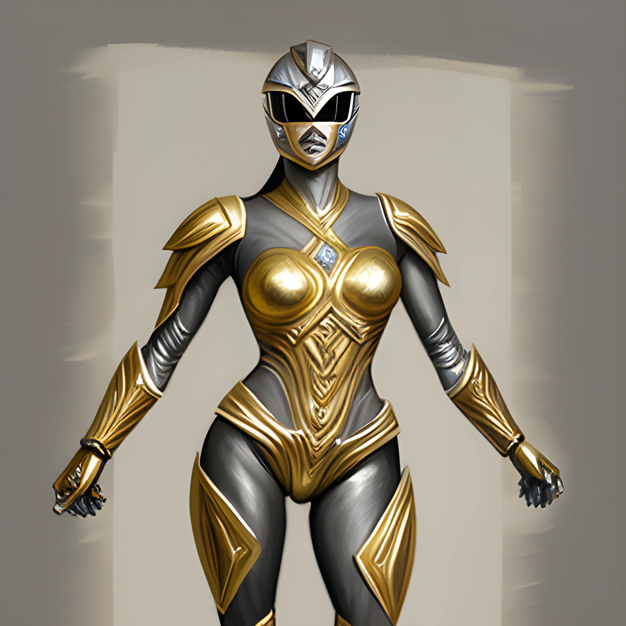 Silver colored with gold highlights, full body, female,  power ranger, 3D, Pencil Sketch, Oil Painting