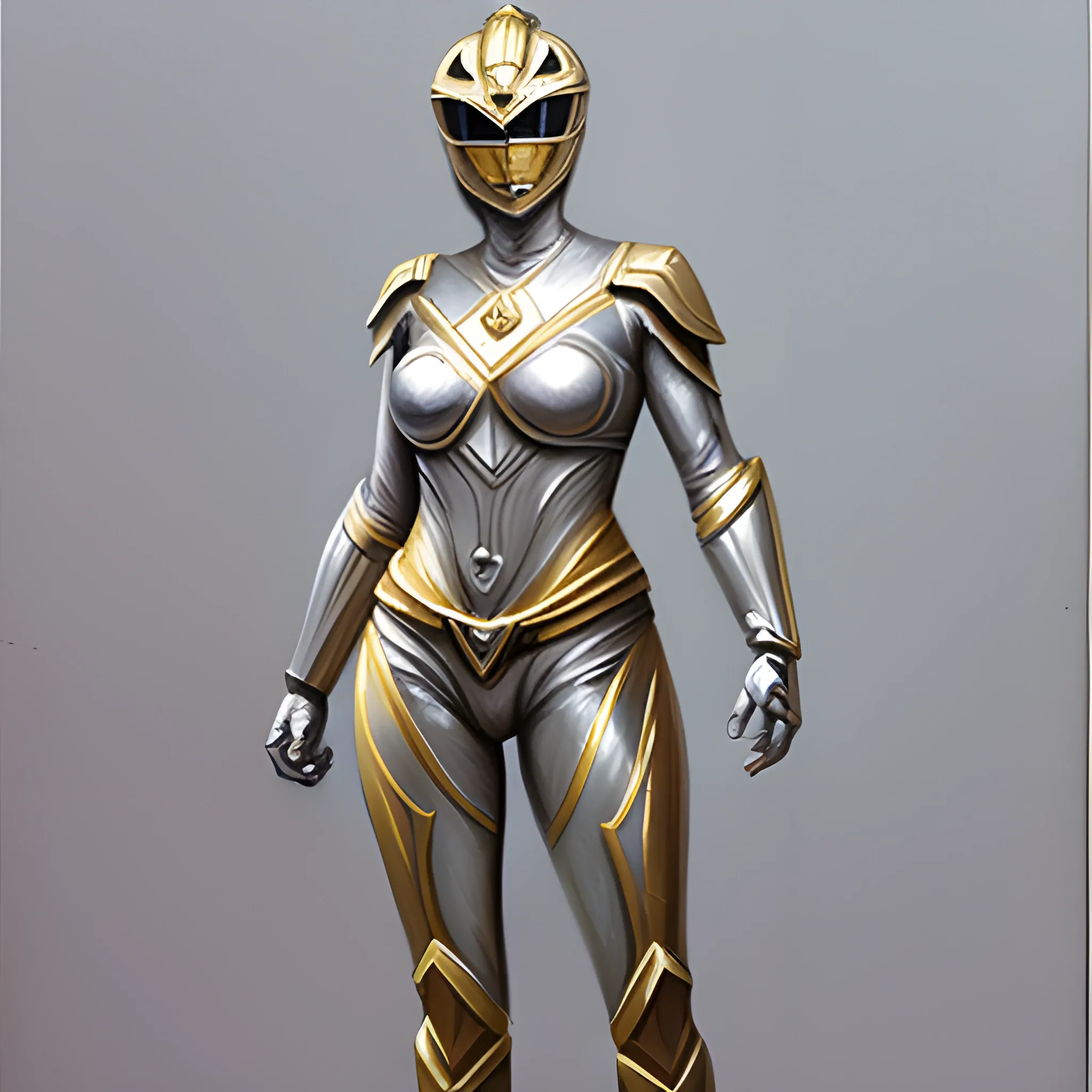 Silver colored with gold highlights, full body, female,  power ranger, 3D, Pencil Sketch, Oil Painting