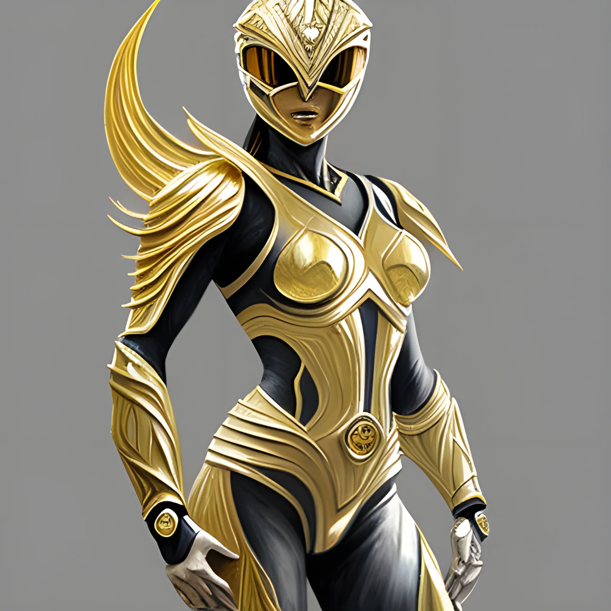 Silver colored with gold highlights, full body, female,  power ranger, 3D, Pencil Sketch, Oil Painting