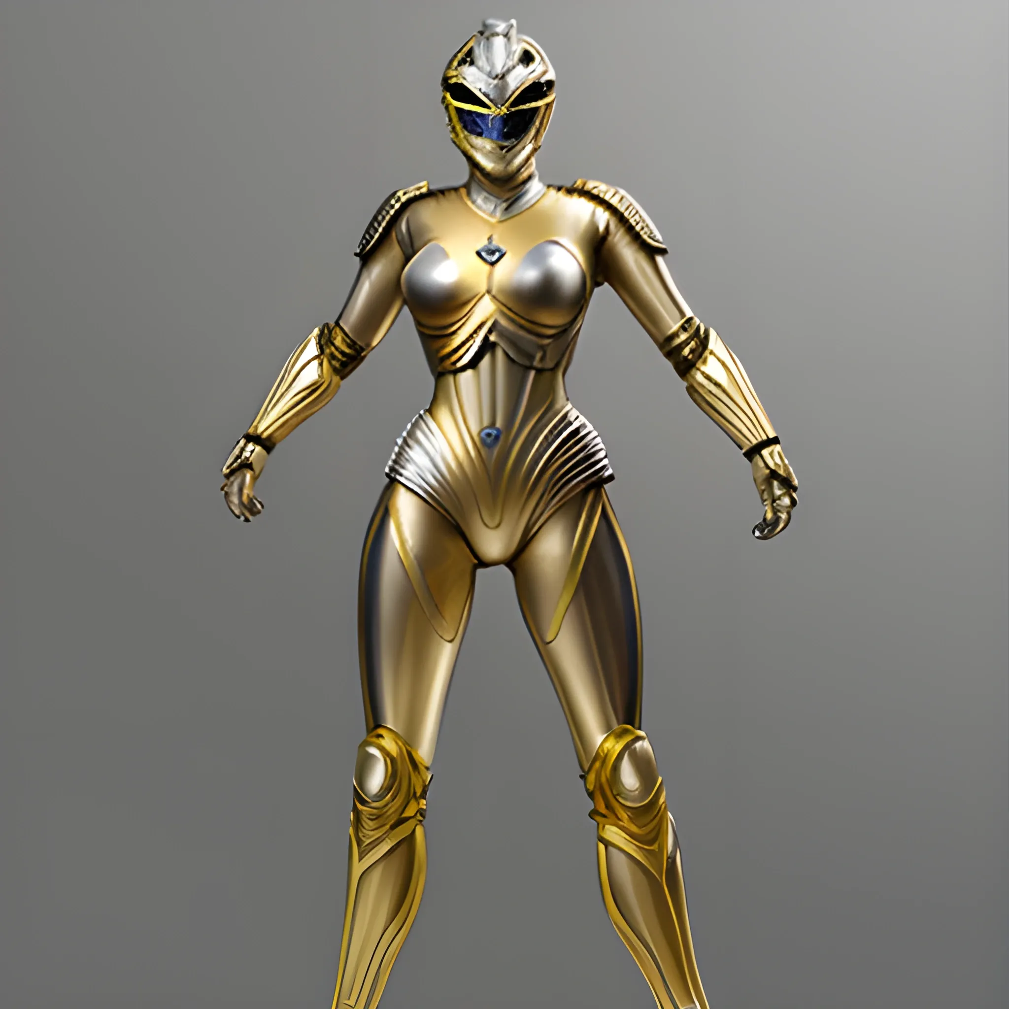 Silver colored with gold highlights, full body, female,  power ranger, 3D, Pencil Sketch, sci-fi, space
