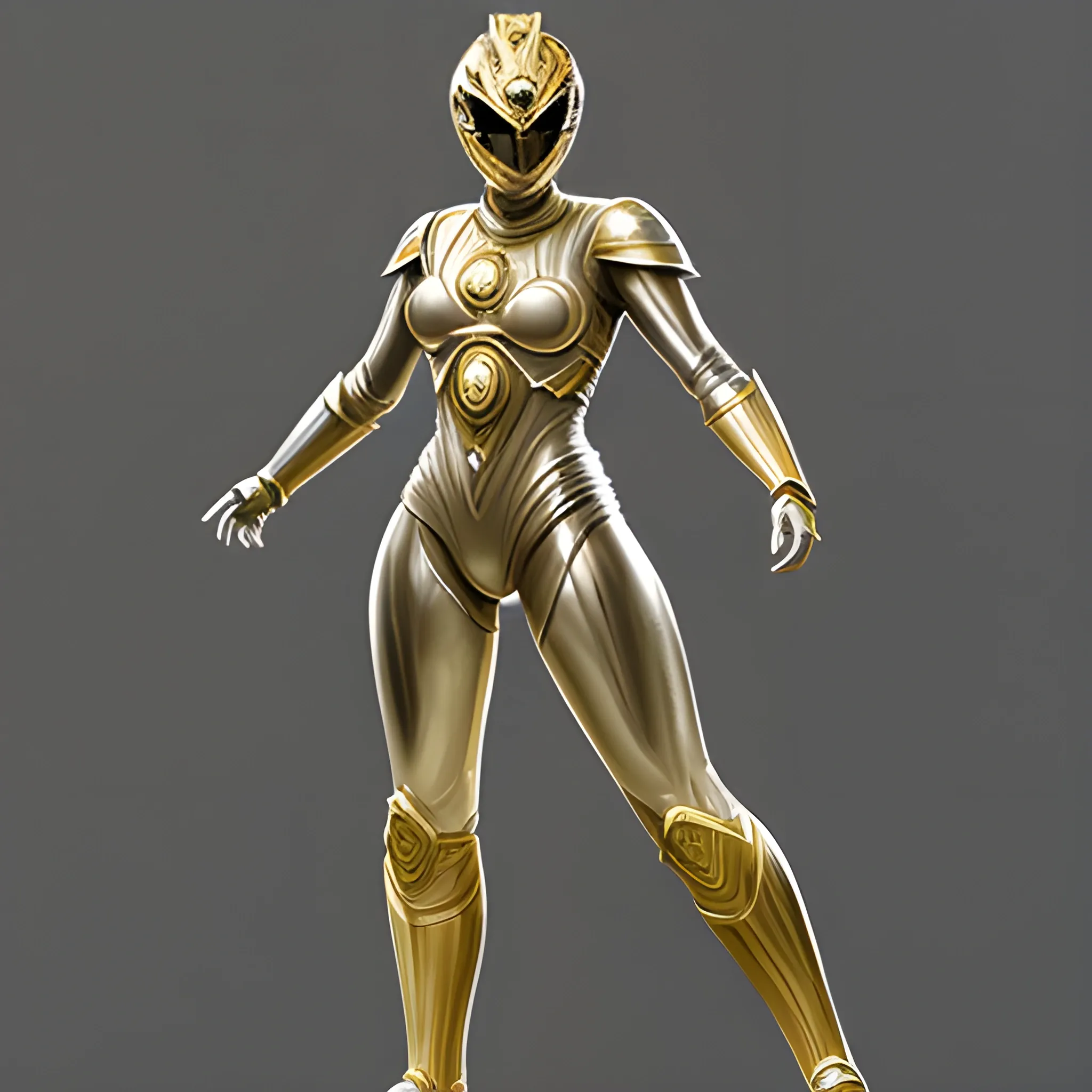 Silver colored with gold highlights, full body, female,  power ranger, 3D, Pencil Sketch, sci-fi, space
