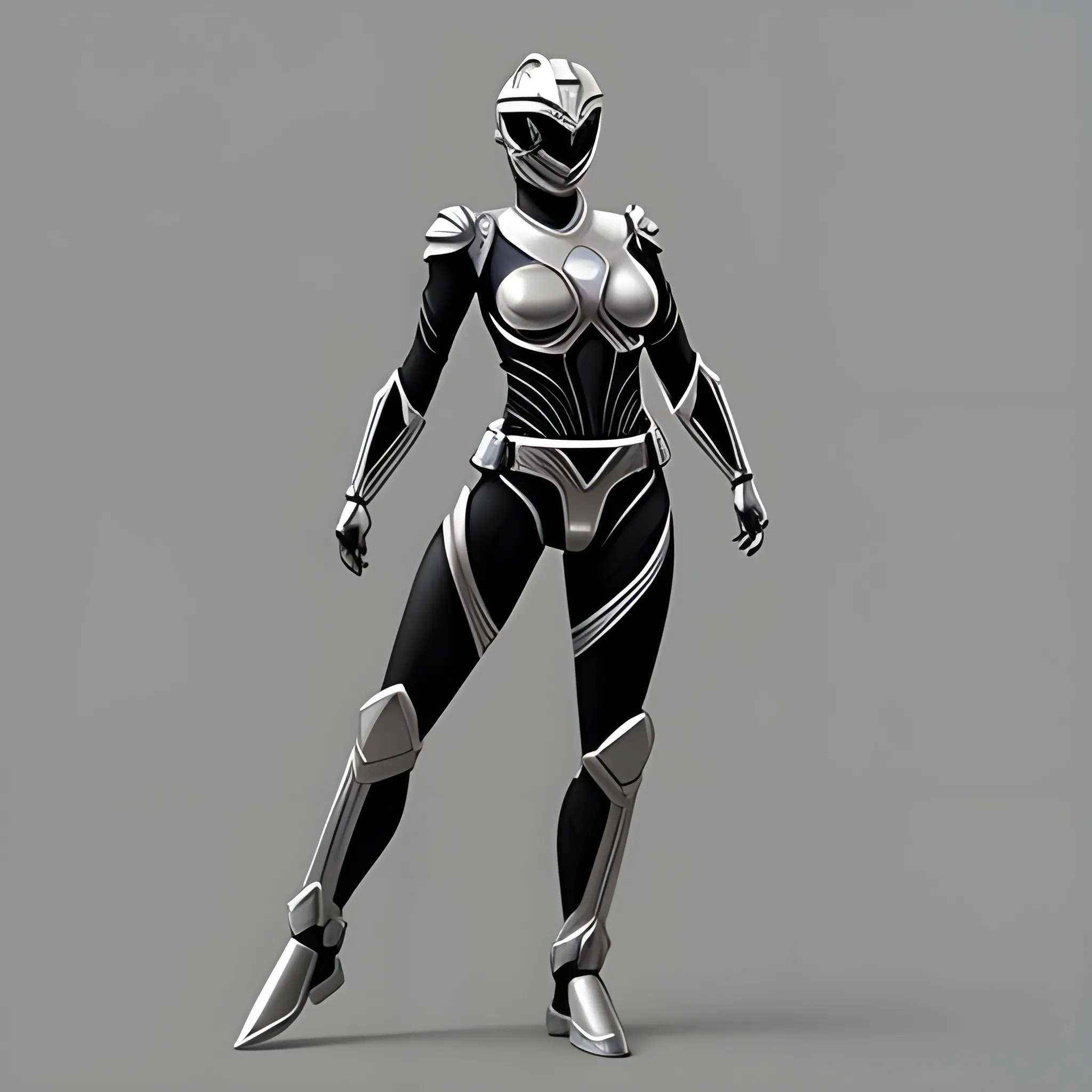 Silver colored with black highlights, full body, female,  power ranger, 3D, Pencil Sketch, sci-fi, space
