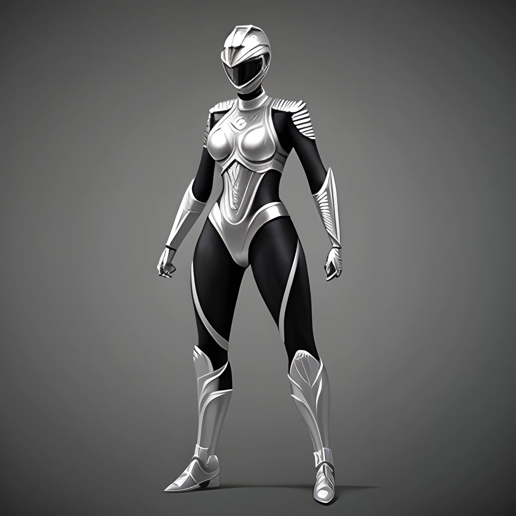 Silver colored with black highlights, full body, female,  power ranger, 3D, Pencil Sketch, sci-fi, space
