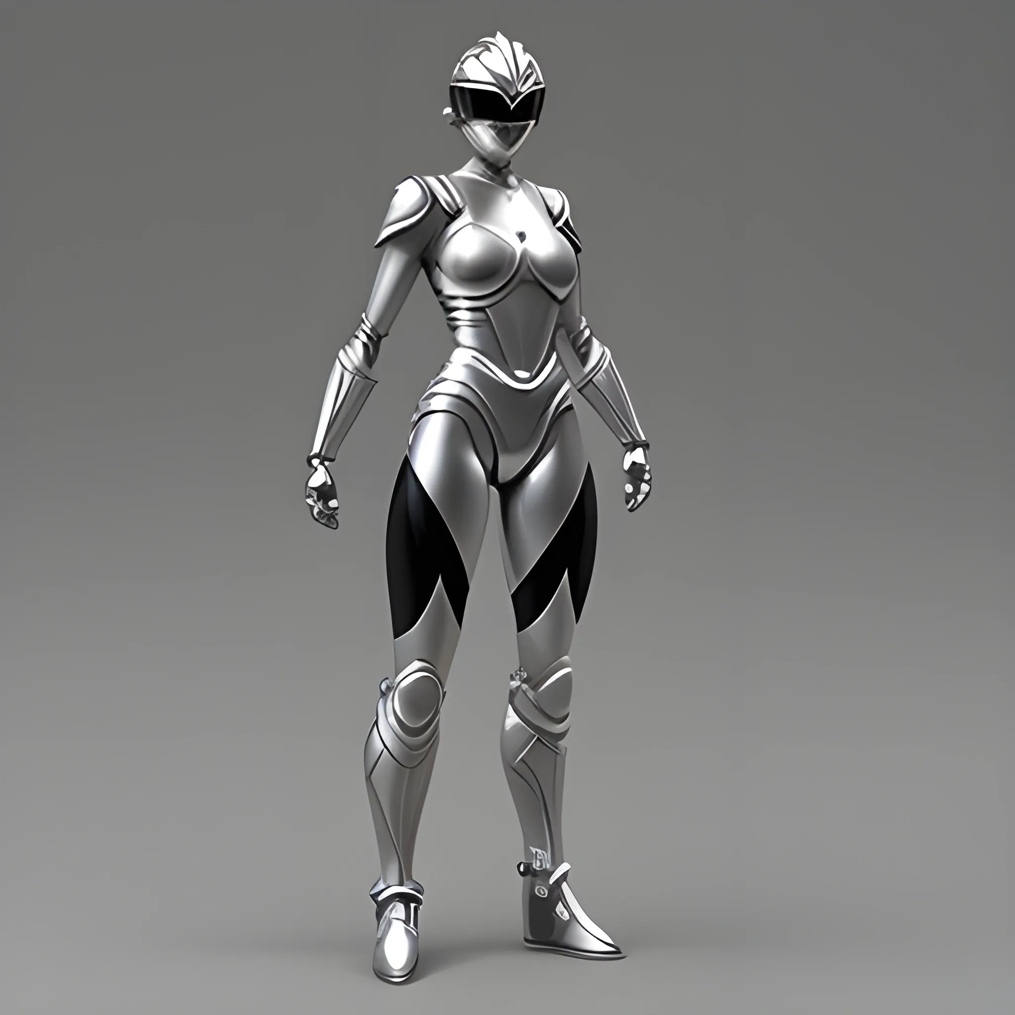 Silver colored with black highlights, full body, female,  power ranger, 3D, Pencil Sketch, sci-fi, space
