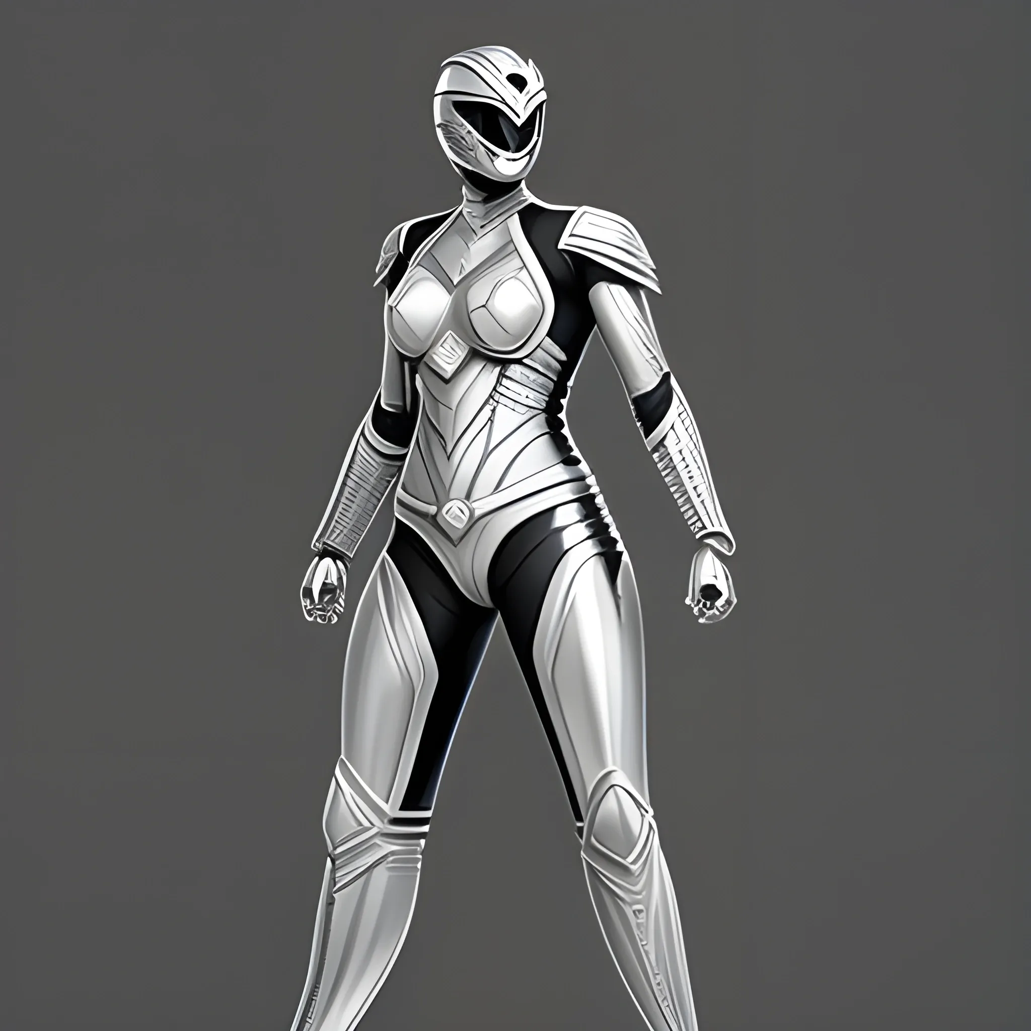 Silver colored with black highlights, full body, female,  power ranger, 3D, Pencil Sketch, sci-fi, space
