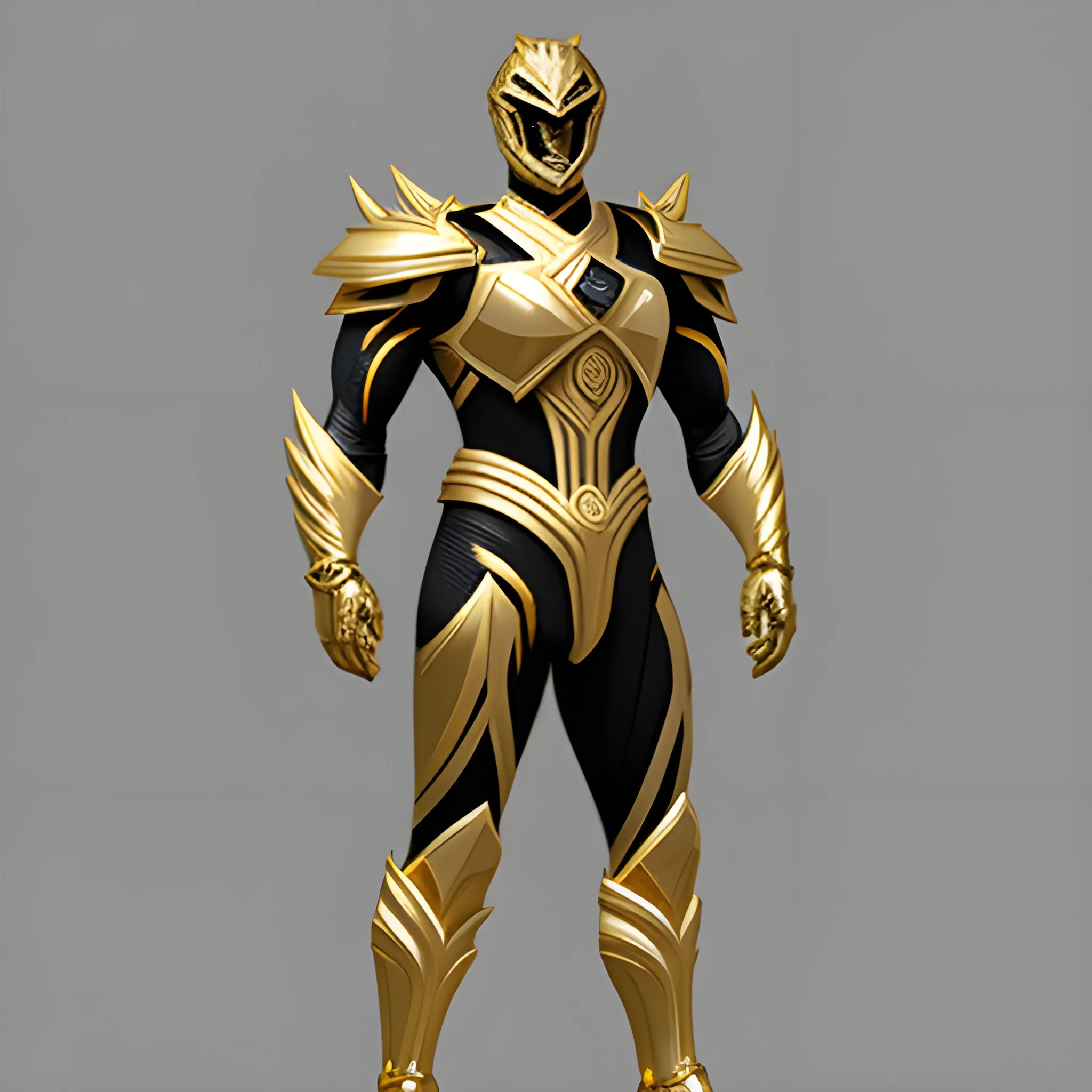 male, Gold with black trimming, power ranger, up-armor, full body,, 3D, Pencil Sketch, Oil Painting