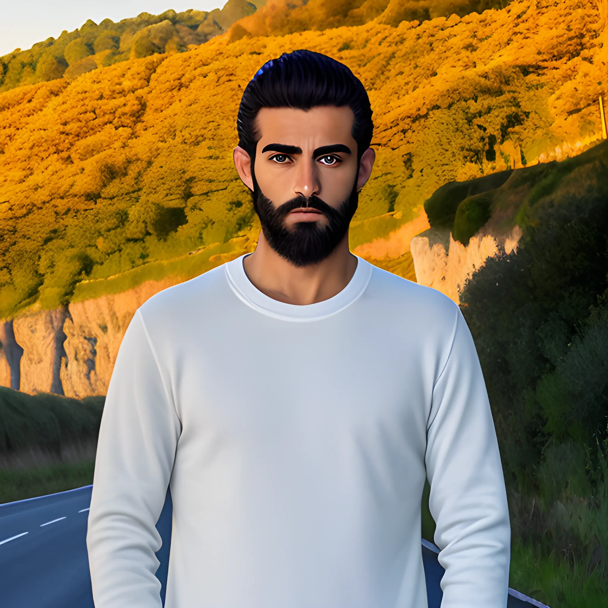 chico,sin barba, pelo castaño, desde atras ,sudadera , espada sobre el hombro , carretera , amanecer
