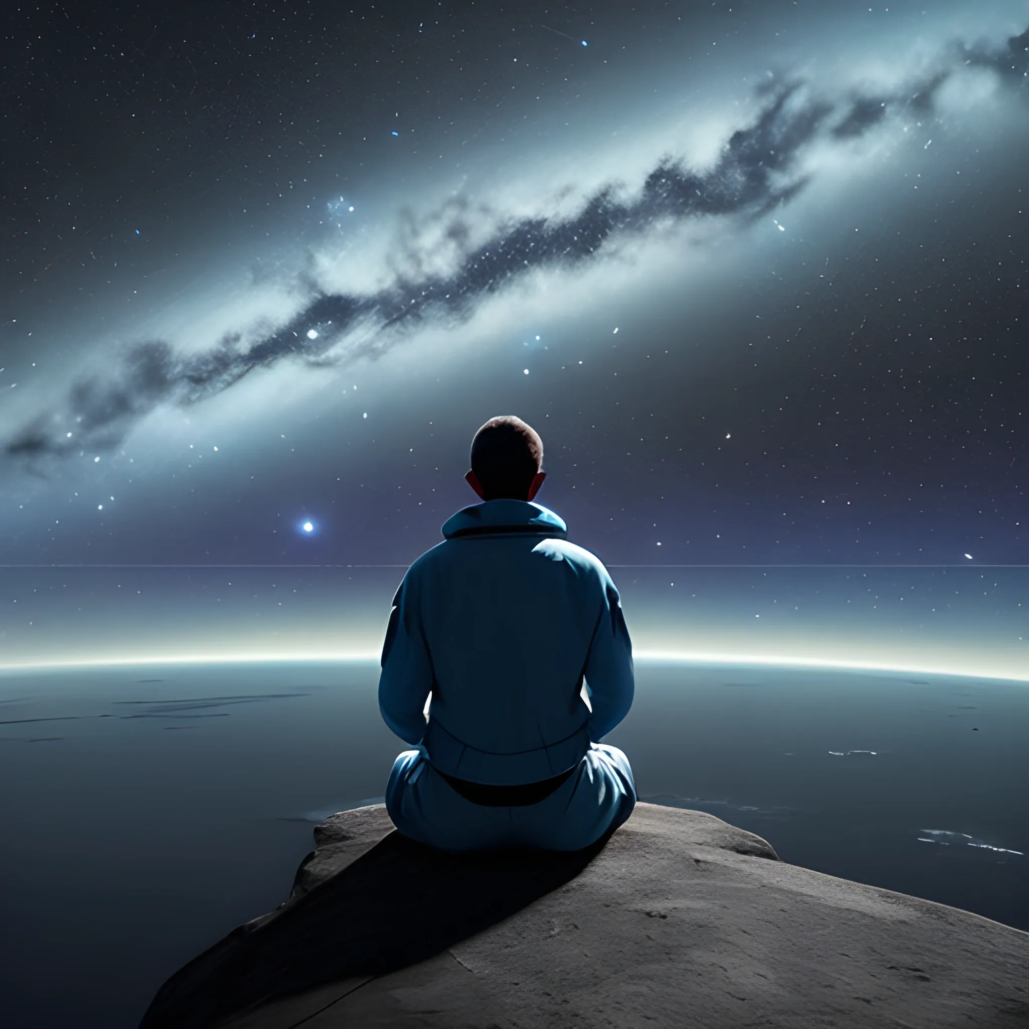 A calm space sky with an observer on the horizon
