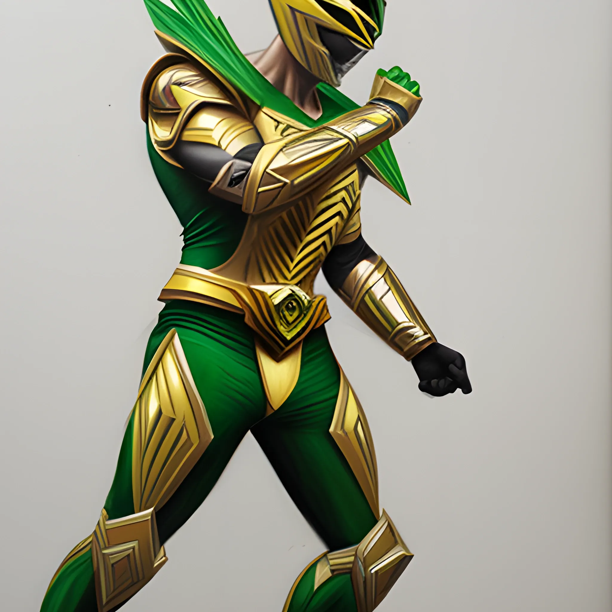 male, green with gold trimming, power ranger, full body,, 3D, Pencil Sketch, Oil Painting