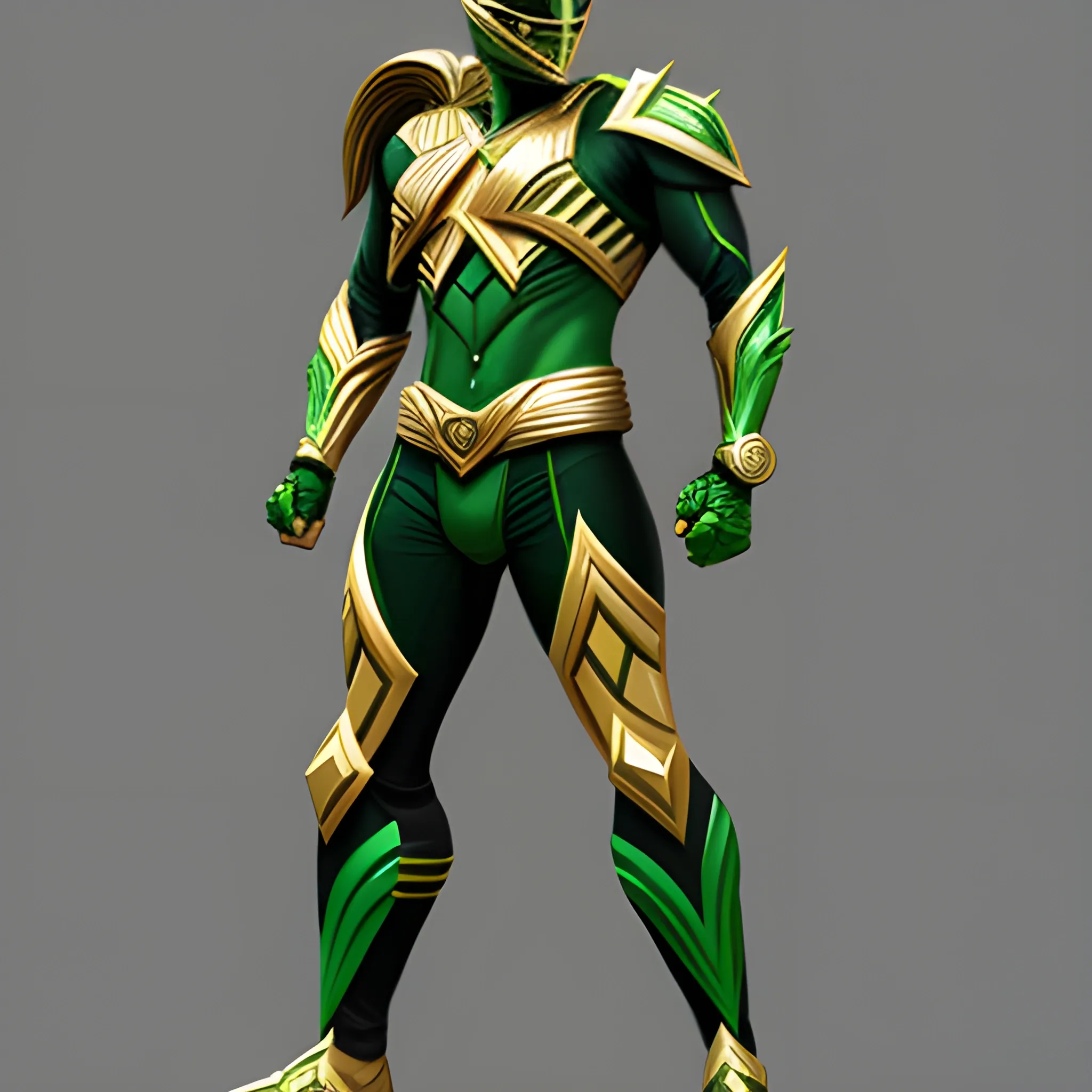 male, green with gold trimming, power ranger, full body,, 3D, Pencil Sketch, Oil Painting