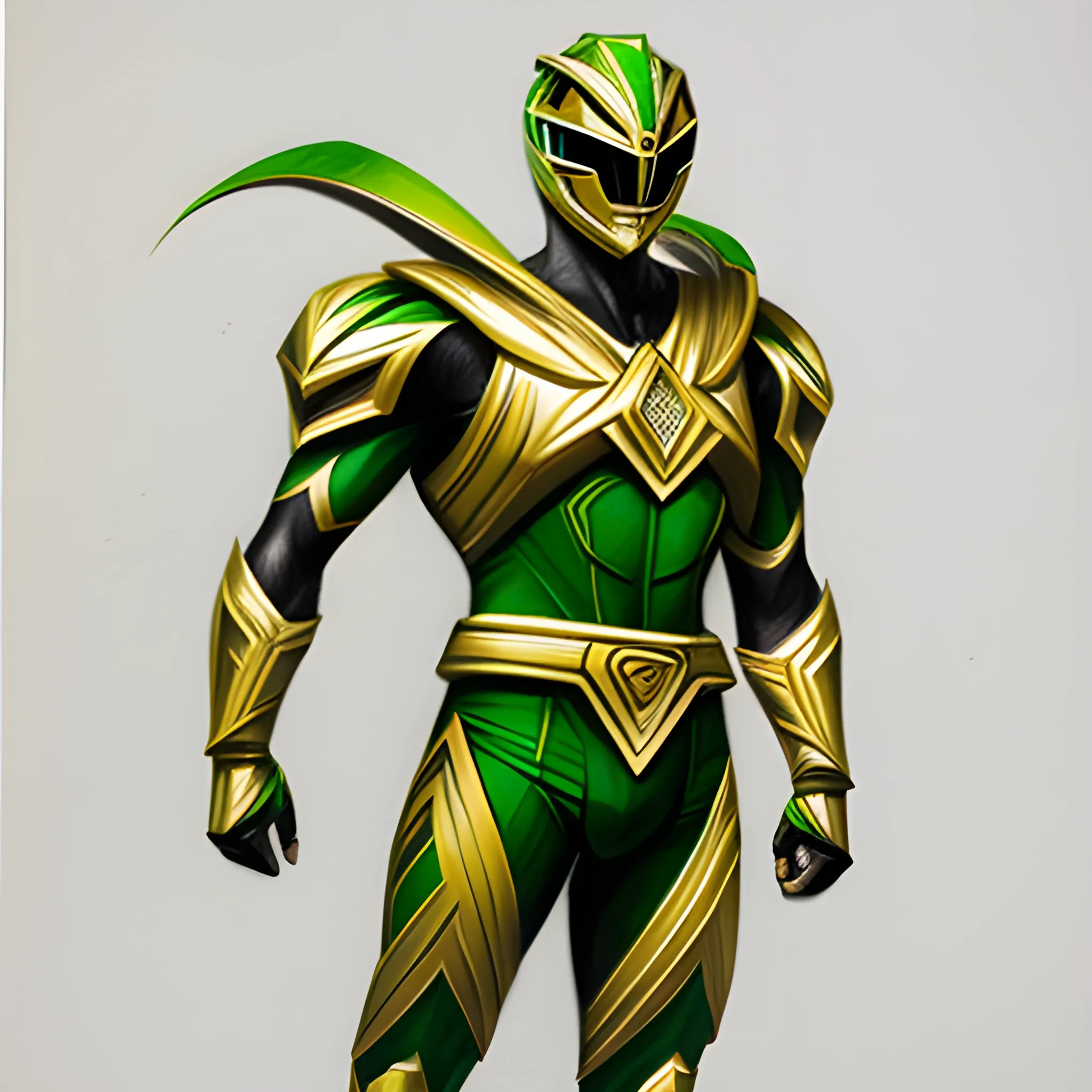 male, green with gold trimming, power ranger, full body,, 3D, Pencil Sketch, Oil Painting