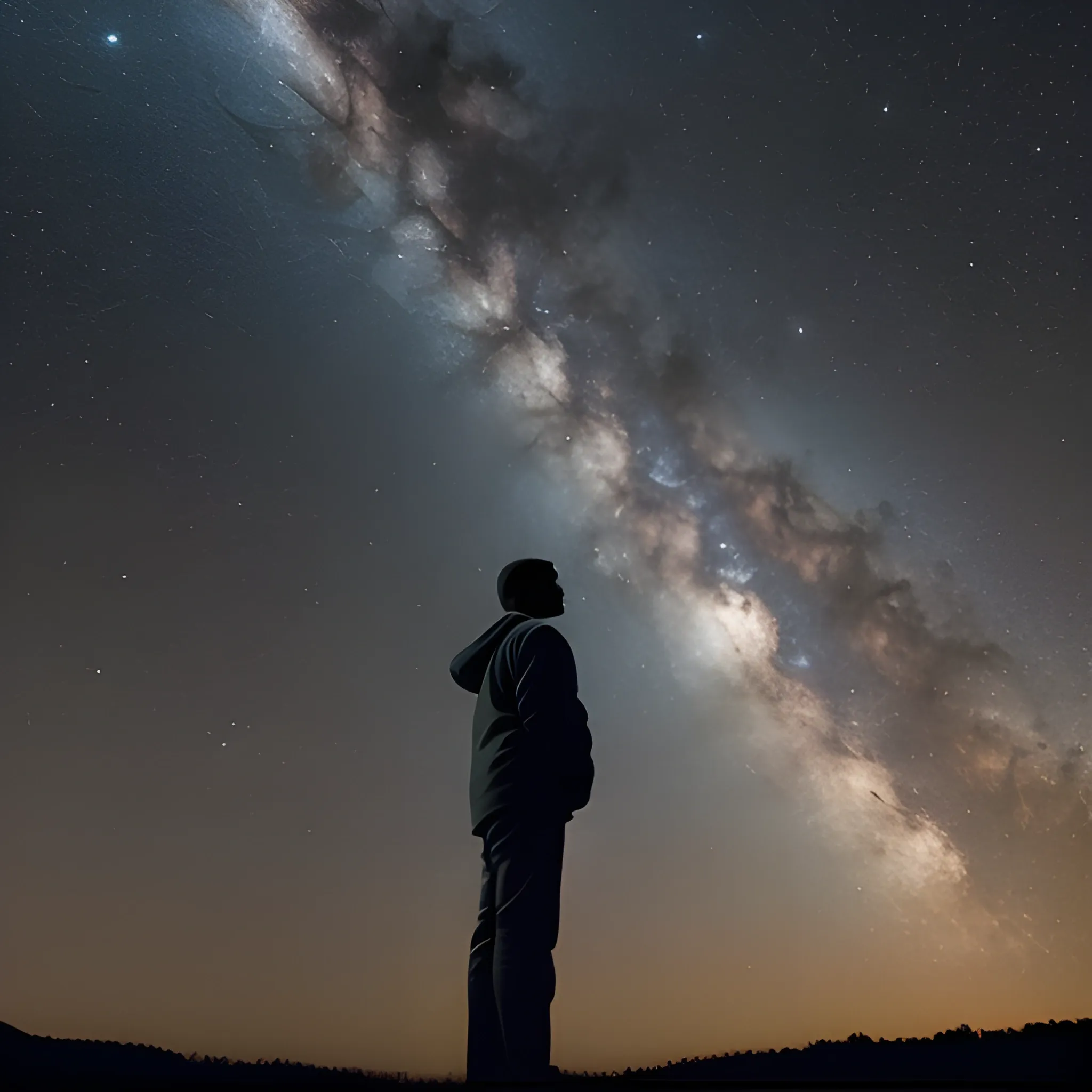 "A man observing a calm space sky as its surface fades away."





