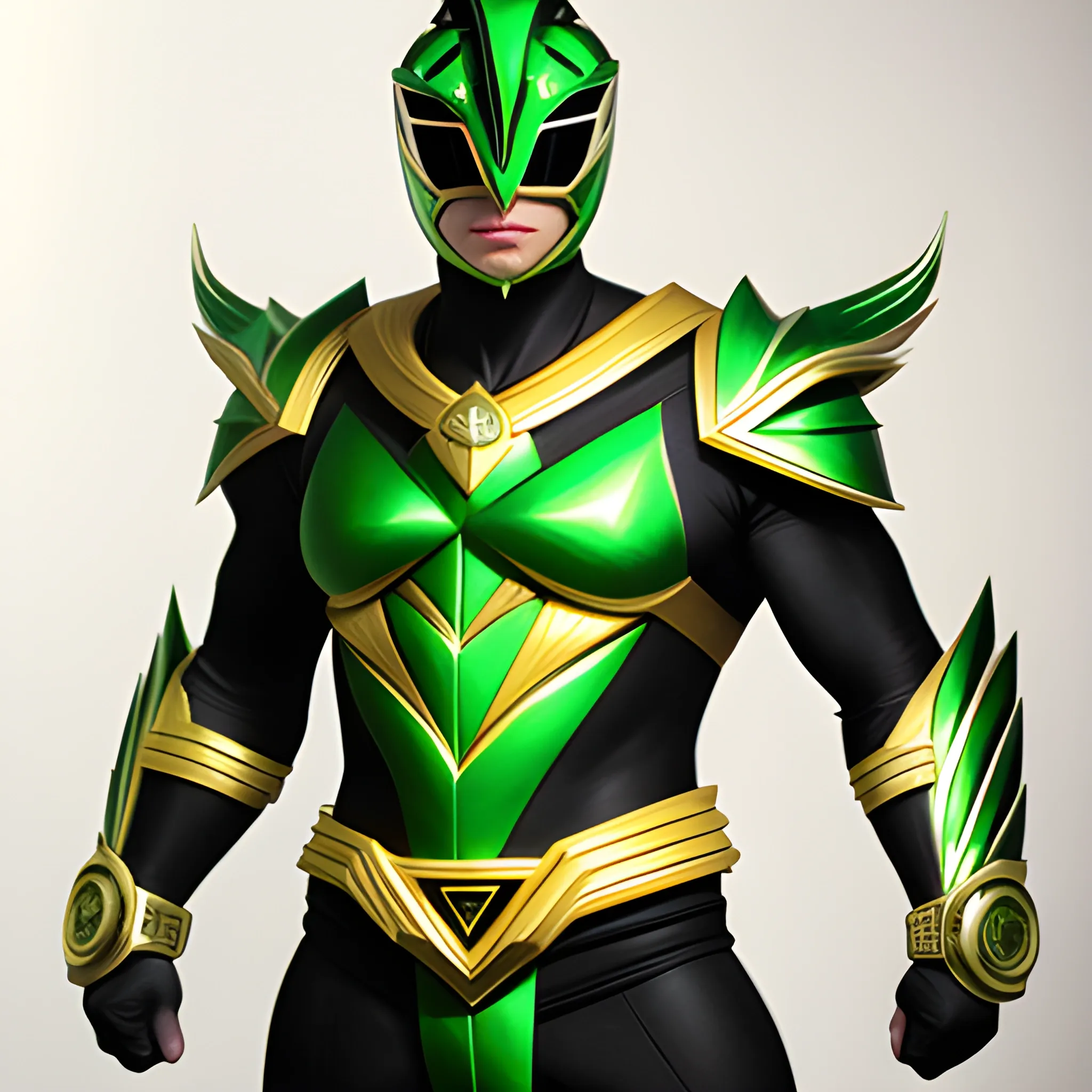 male, green with gold trimming, power ranger, full body,, 3D, Pencil Sketch
