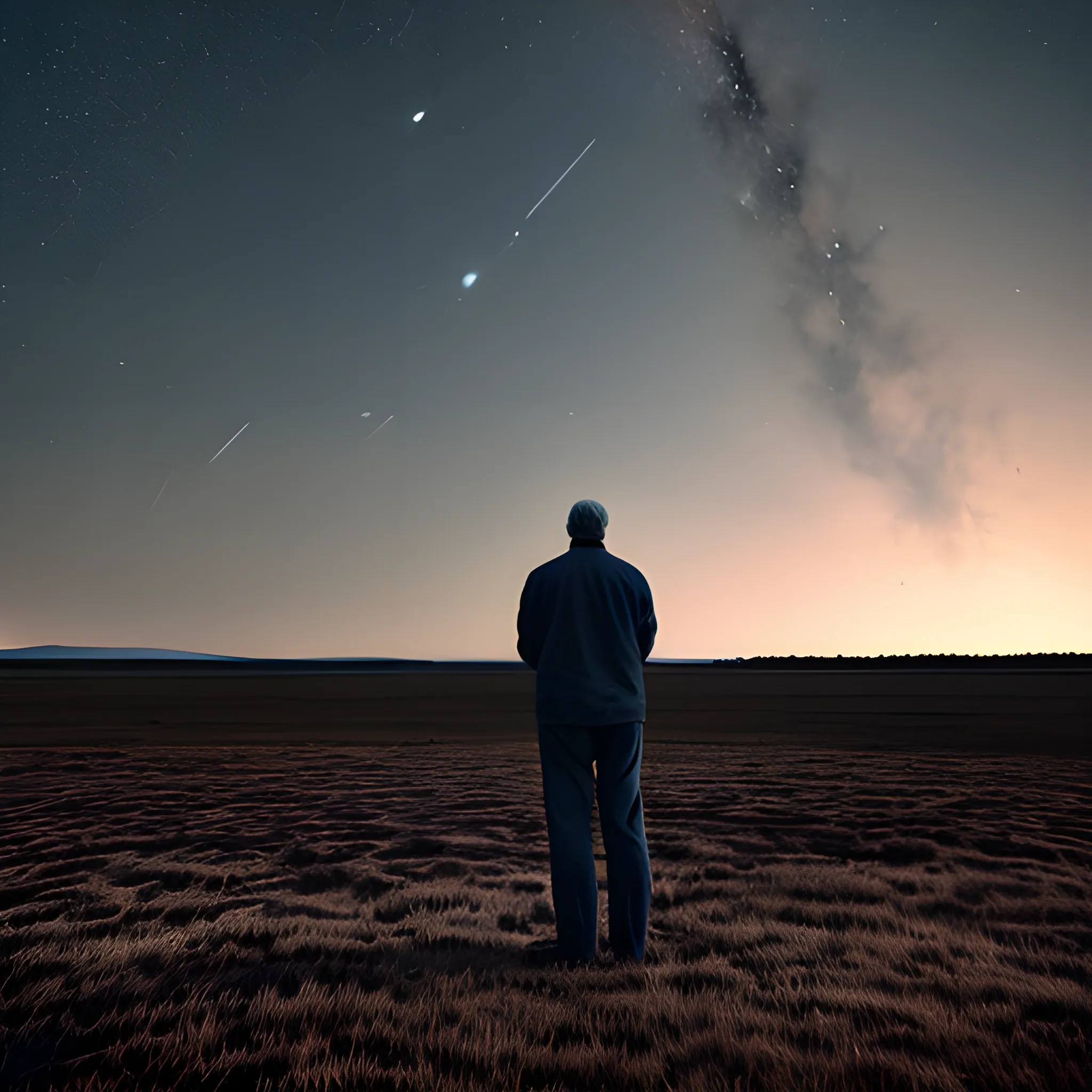 "A man observing a calm space sky as the ground beneath him fades away."






