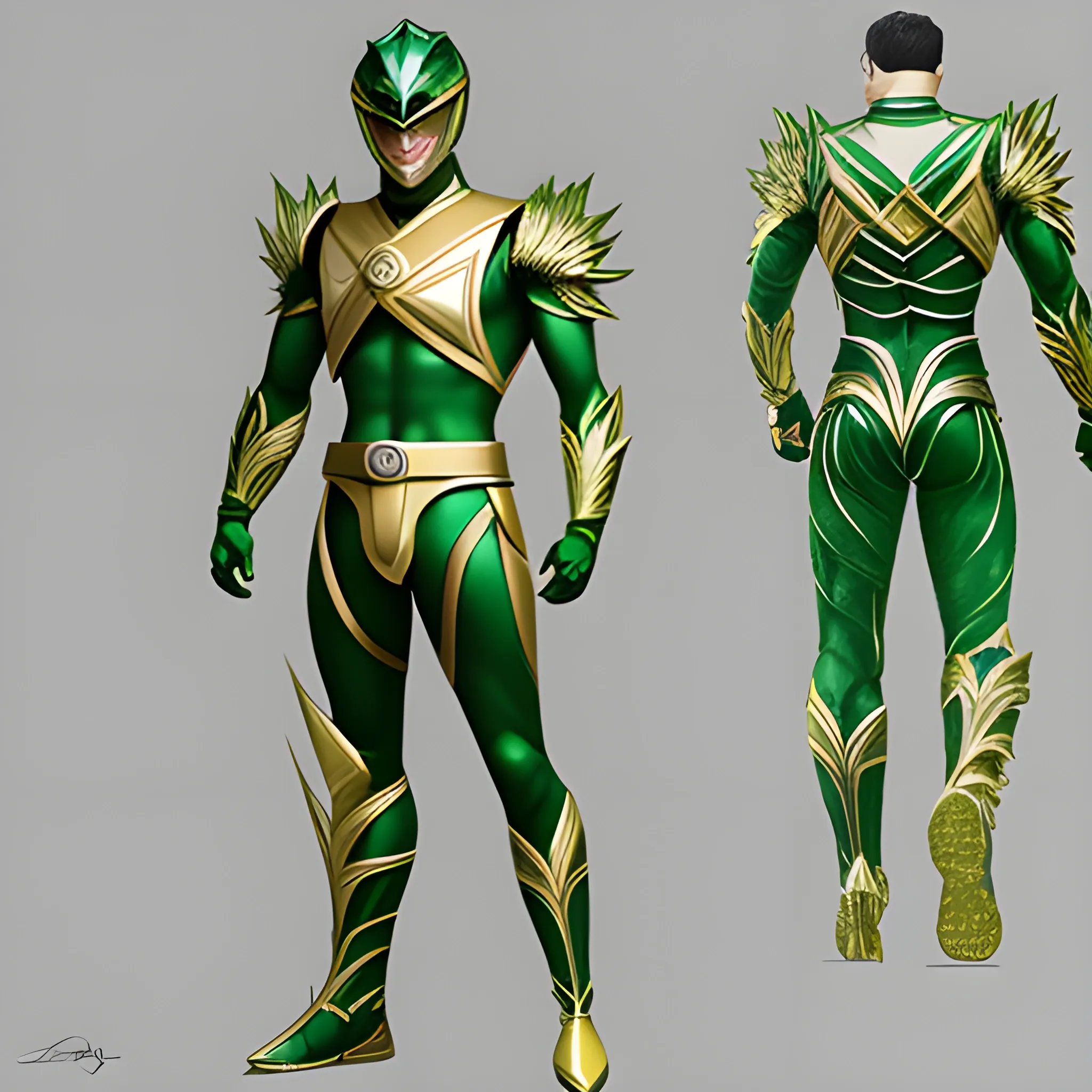 male, green with gold trimming, power ranger, full body,, 3D, Pencil Sketch
