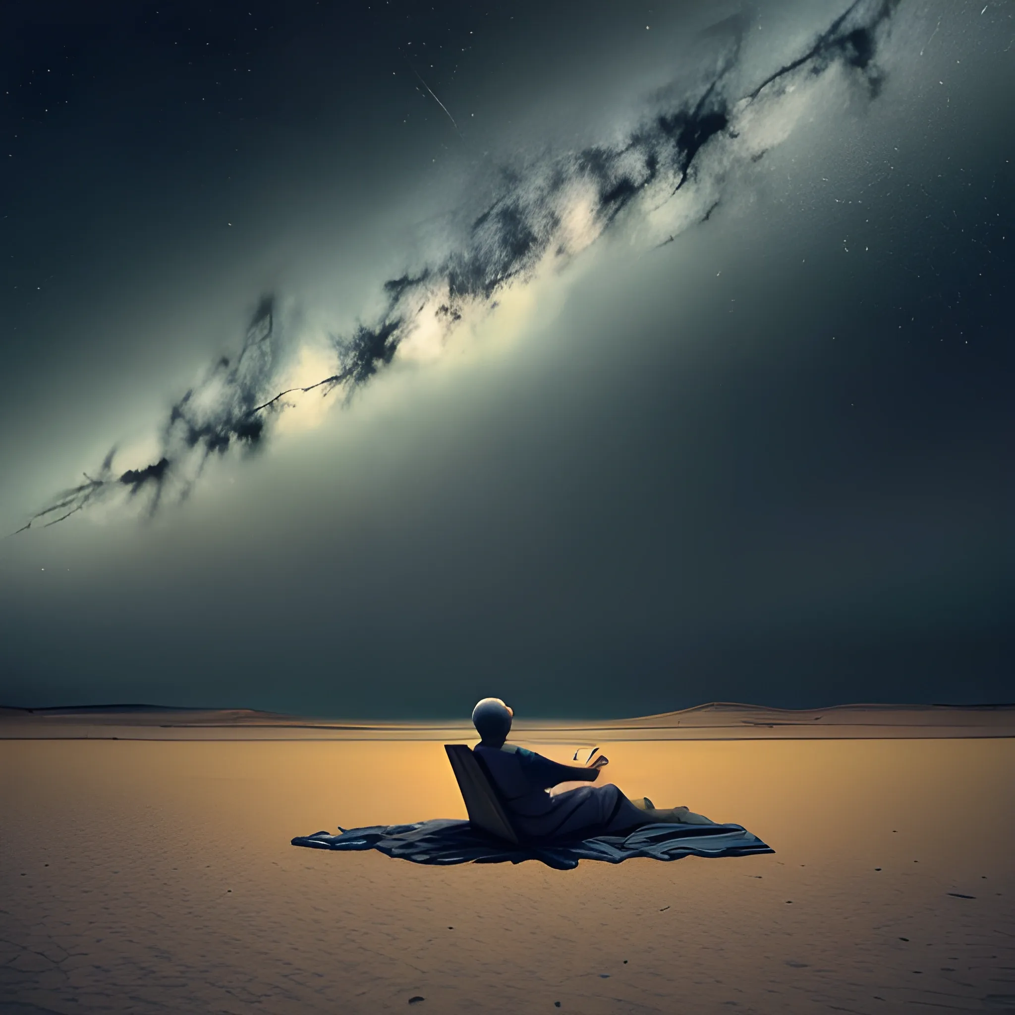 "A man reclining and observing a serene space sky as his world fades away."





