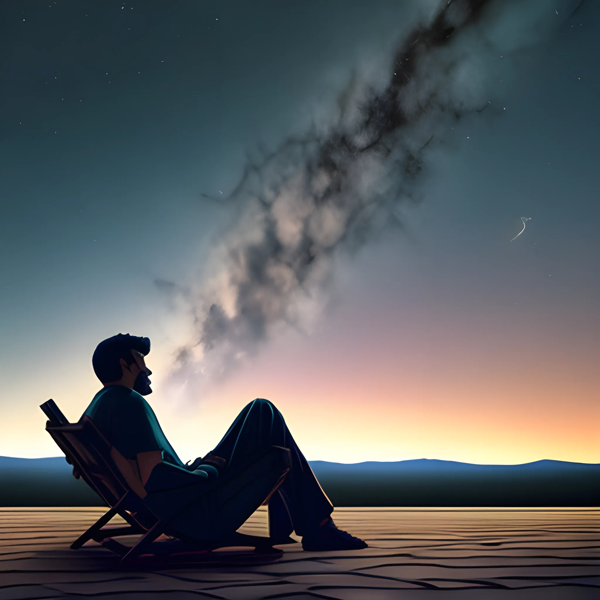 "A man reclining and observing a serene space sky as his world fades away."





