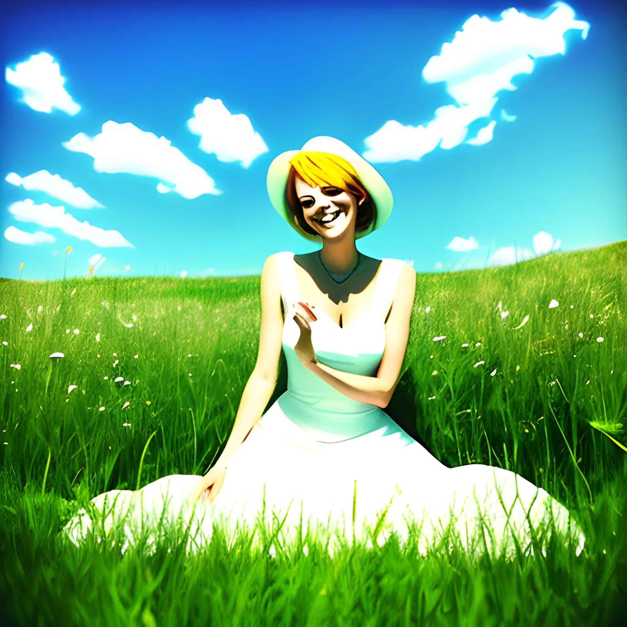 
Under the sunshine, the little girl in a white dress smiled on the grass

, Trippy, Trippy