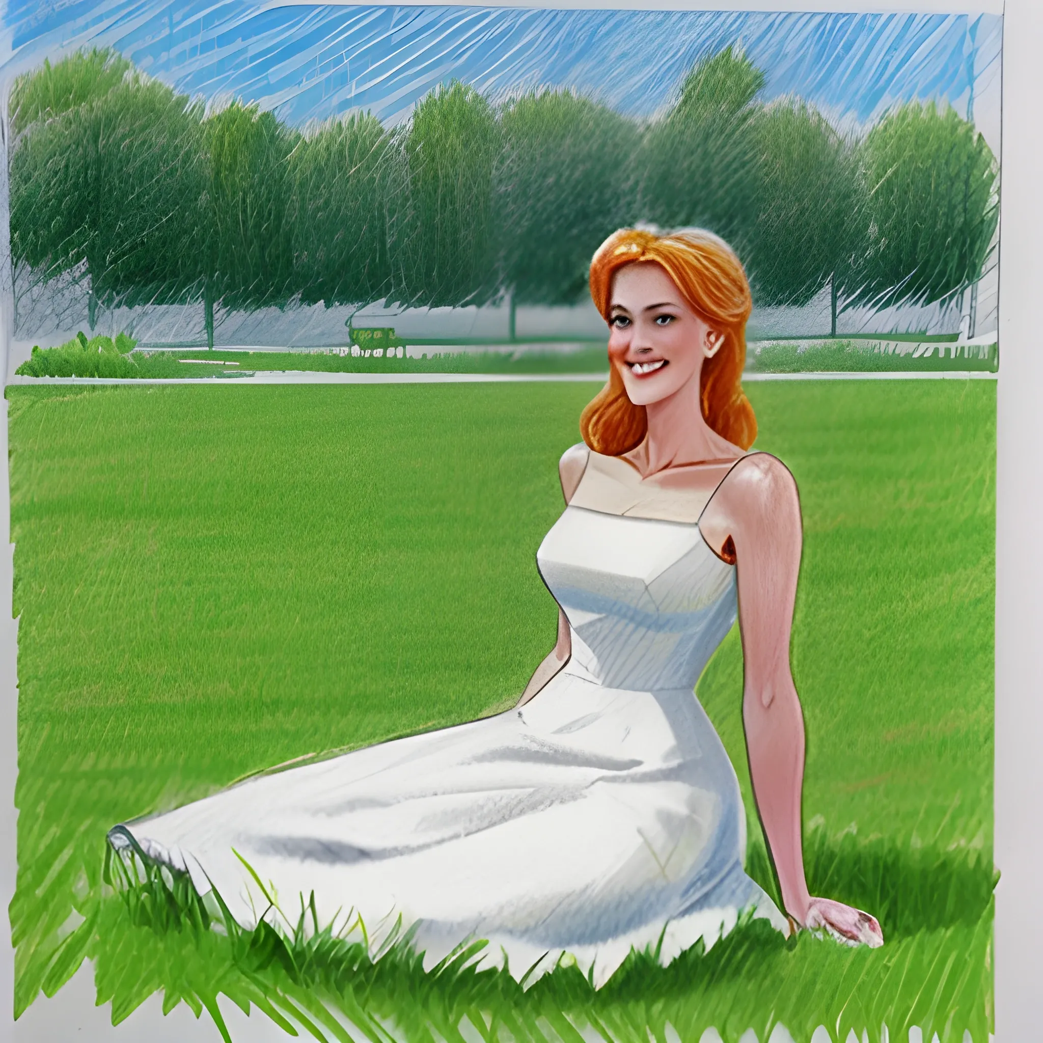 
Under the sunshine, the little girl in a white dress smiled on the grass

, Pencil Sketch