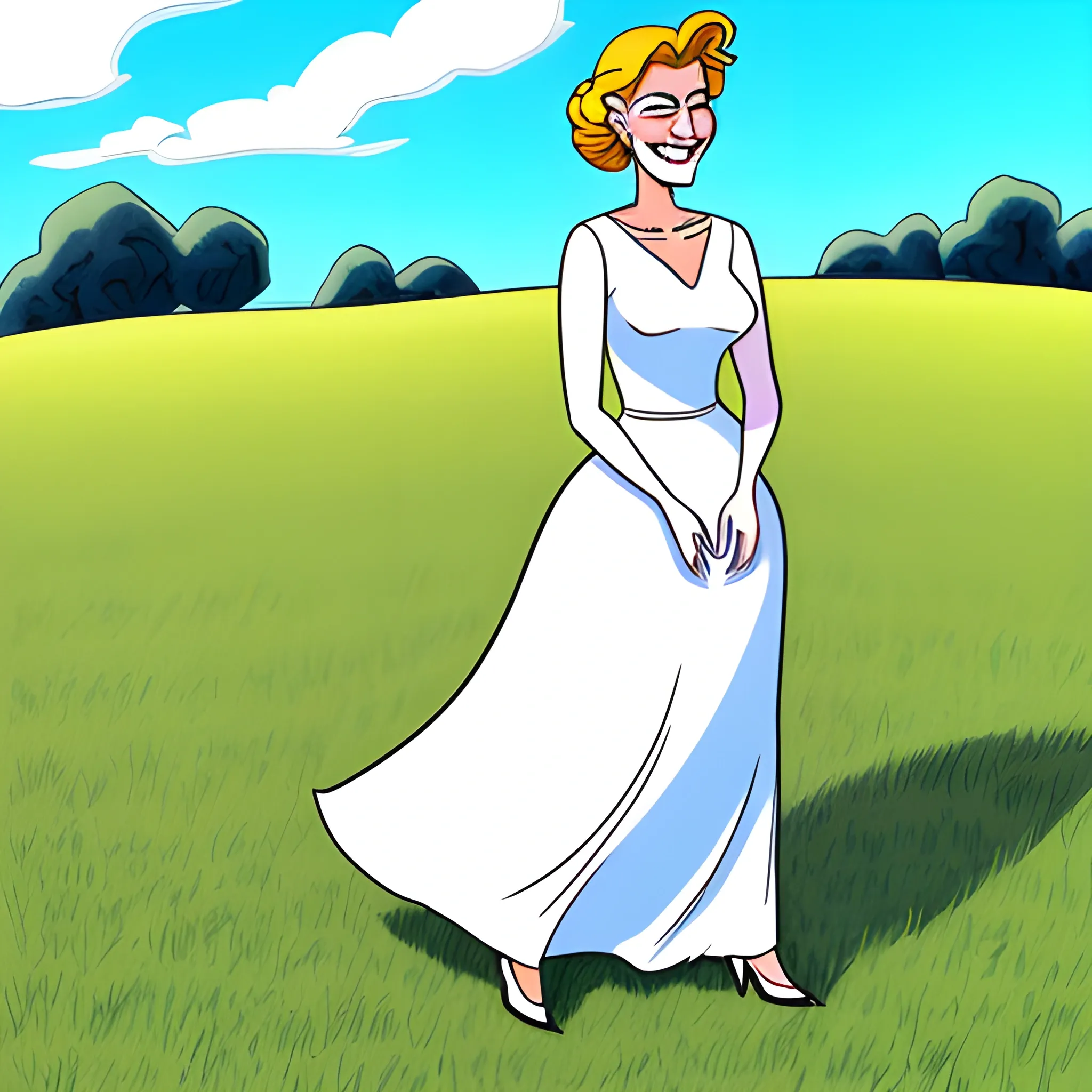 
Under the sunshine, the little girl in a white dress smiled on the grass

, Cartoon, Cartoon