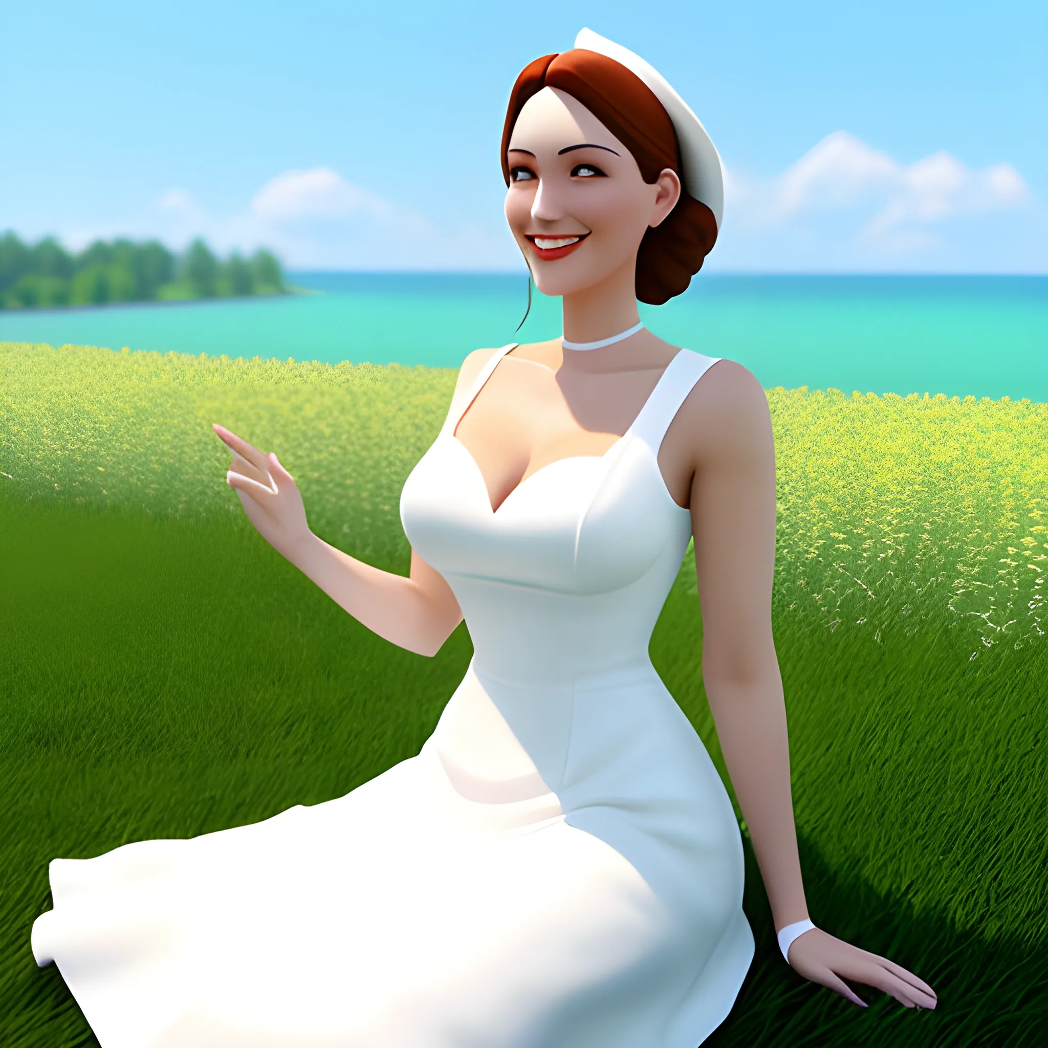 
Under the sunshine, the little girl in a white dress smiled on the grass

, 3D