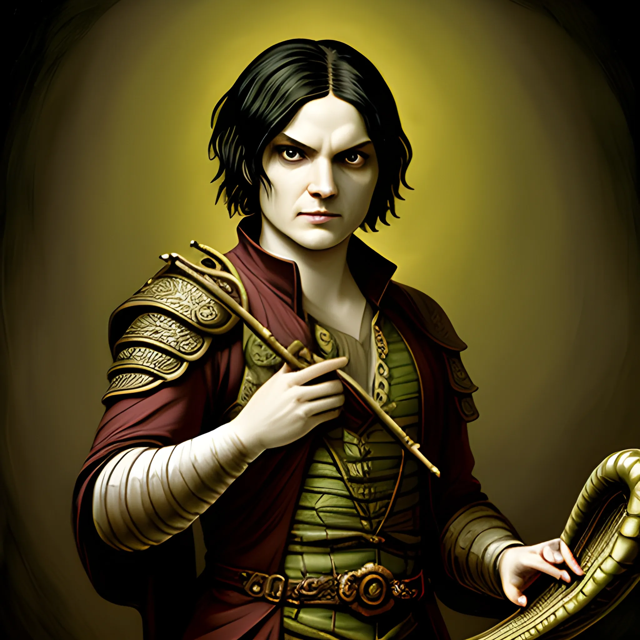 Renaissance painting of Gerard Way as a fantasy snake person, Yuan-Ti, dnd, portrait, digital art, bard, holding a harp, in a dark room