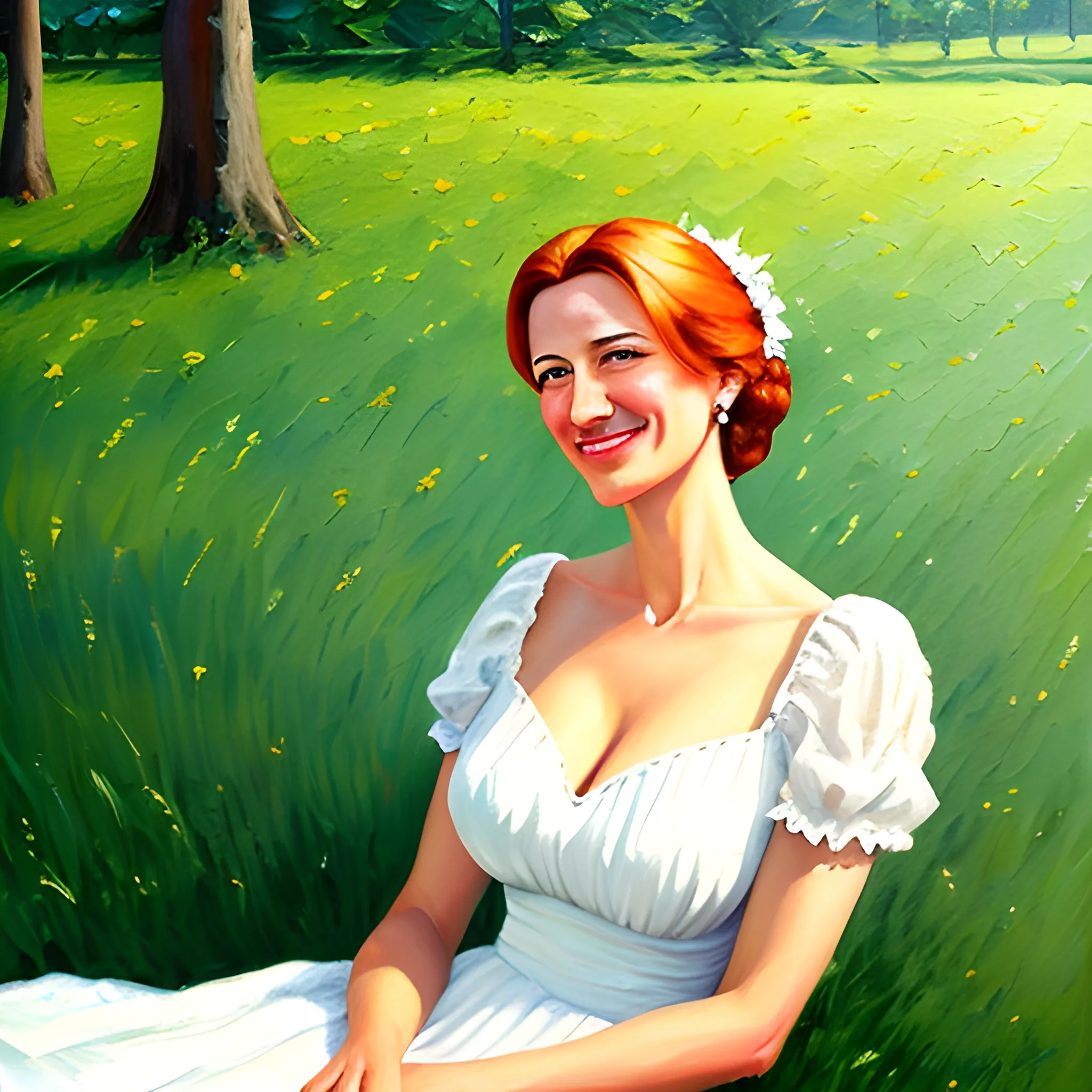 
Under the sunshine, the little girl in a white dress smiled on the grass

, Oil Painting, Oil Painting